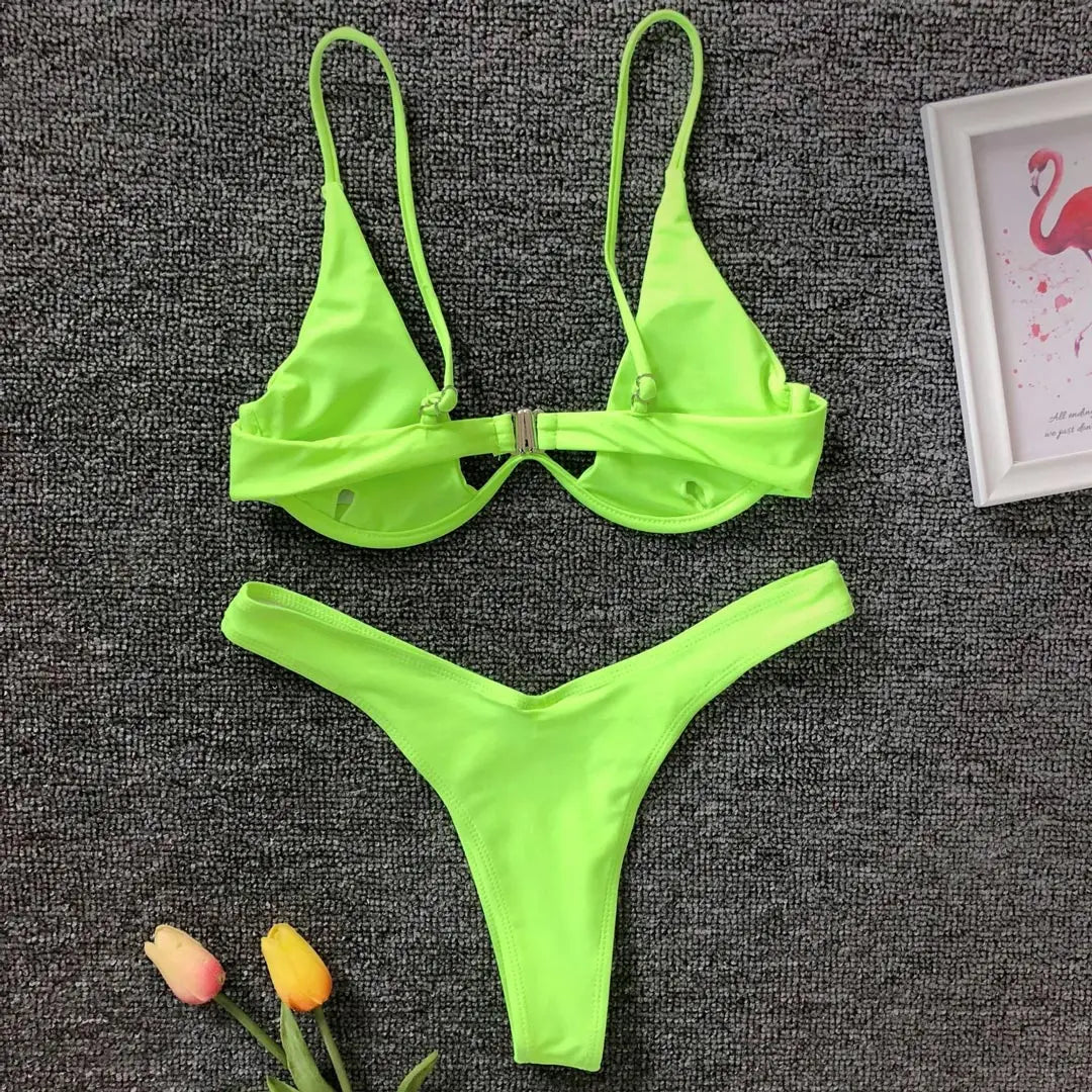 Neon Green V-bar Underwire Bikini 2025 Female Swimsuit Women Swimwear Two-piece V shape Wire Bikini set Bather Bathing Suit K439