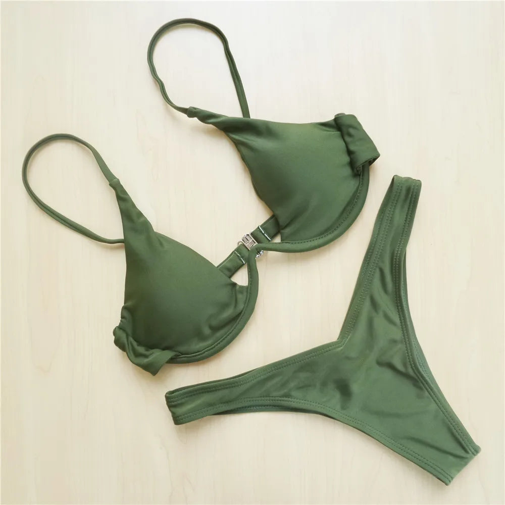 Neon Green V-bar Underwire Bikini 2025 Female Swimsuit Women Swimwear Two-piece V shape Wire Bikini set Bather Bathing Suit K439