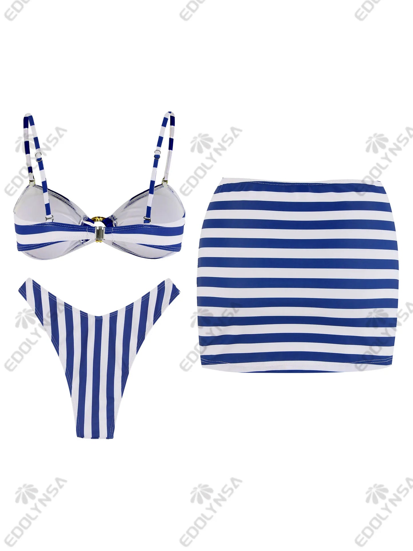 Striped 3 Piece Bikini O Ring Swimsuit with Mini Skirt Beach Cover up Block Color Bathing Suit 2025 New Monokini Beachwear K170