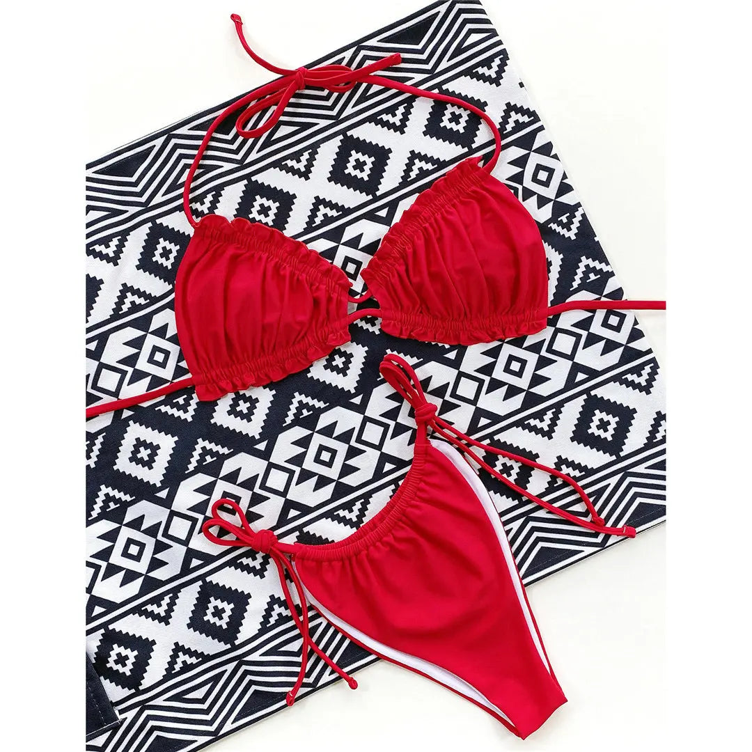 Sexy Ruffled Frilled Pleated Ruched Bikini Women Swimwear Female Swimsuit Two-pieces Bikini set Bather Bathing Suit Swim V3239SW