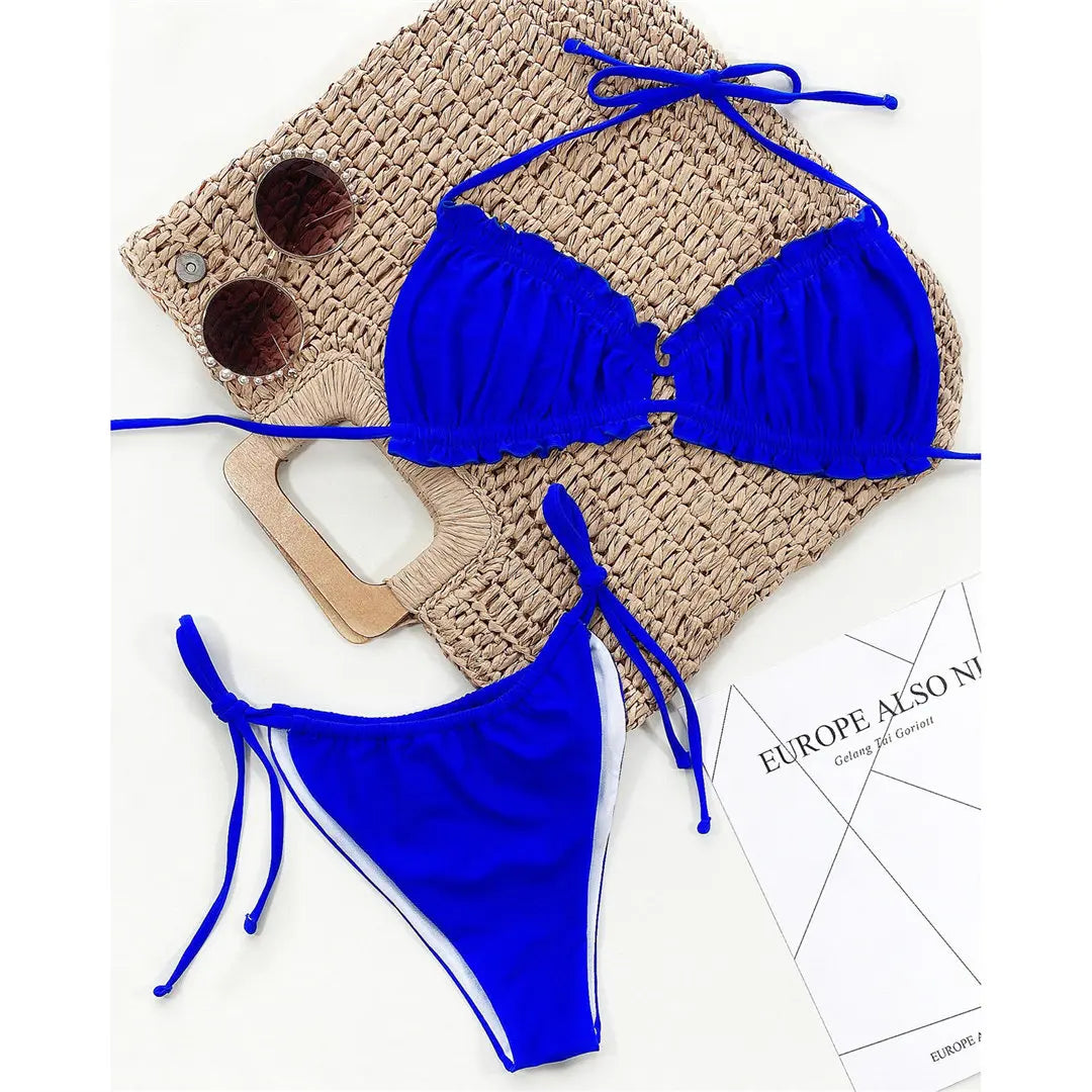 Sexy Ruffled Frilled Pleated Ruched Bikini Women Swimwear Female Swimsuit Two-pieces Bikini set Bather Bathing Suit Swim V3239SW