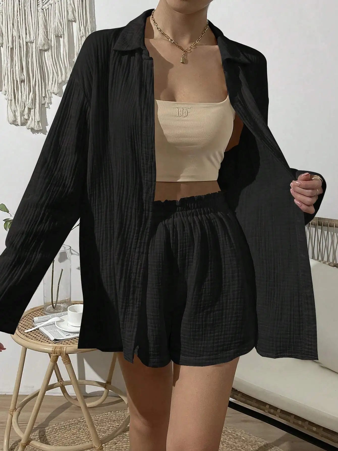 100% Cotton Gauze Muslin Sets For Women 2 Pieces Long Sleeve Shirts And Loose High Waist Mini Shorts Sets Ensemble Femme