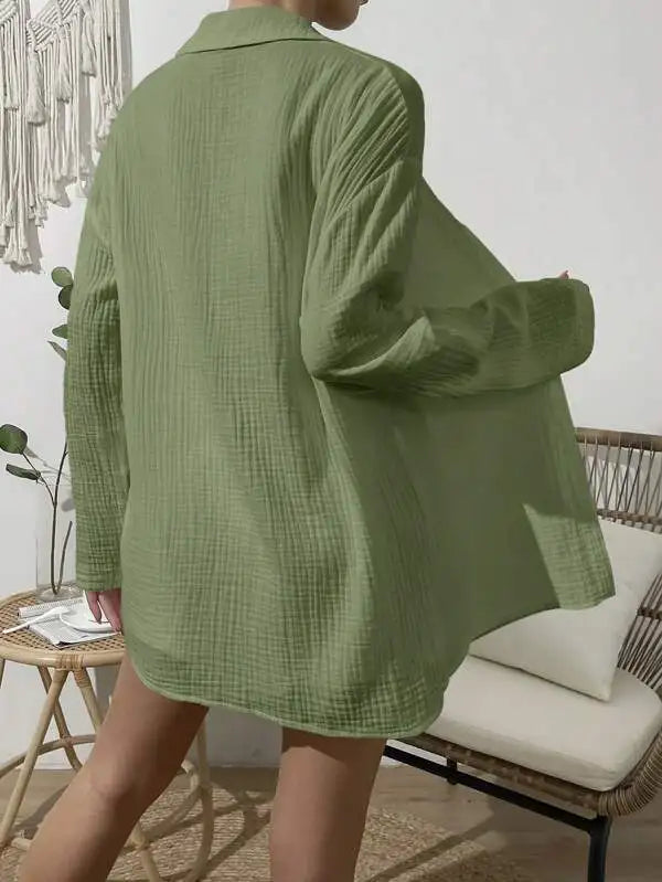 100% Cotton Gauze Muslin Sets For Women 2 Pieces Long Sleeve Shirts And Loose High Waist Mini Shorts Sets Ensemble Femme