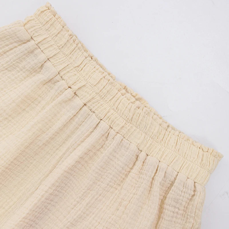 100% Cotton Gauze Muslin Sets For Women 2 Pieces Long Sleeve Shirts And Loose High Waist Mini Shorts Sets Ensemble Femme