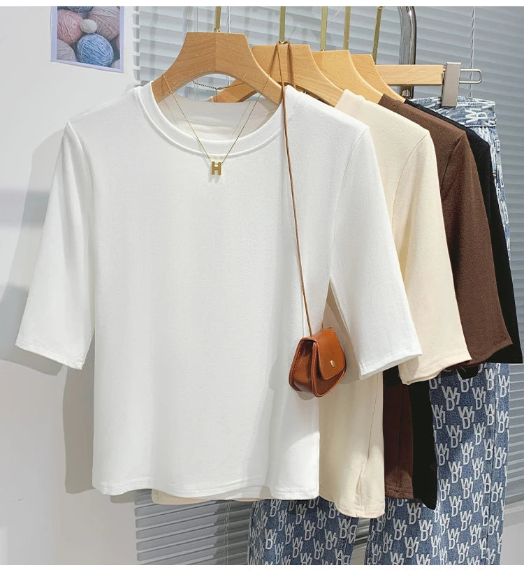 AOSSVIAO 2026 Summer 100% Cotton Women's T-shirt Bottoming Basic Crew Neck Fashionable Solid Lady Short Sleeve Tops Shirts