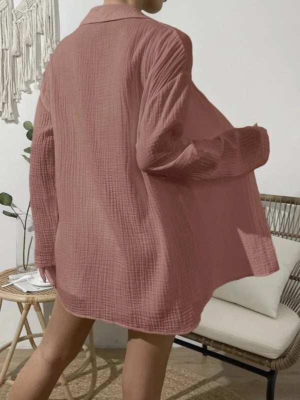100% Cotton Gauze Muslin Sets For Women 2 Pieces Long Sleeve Shirts And Loose High Waist Mini Shorts Sets Ensemble Femme