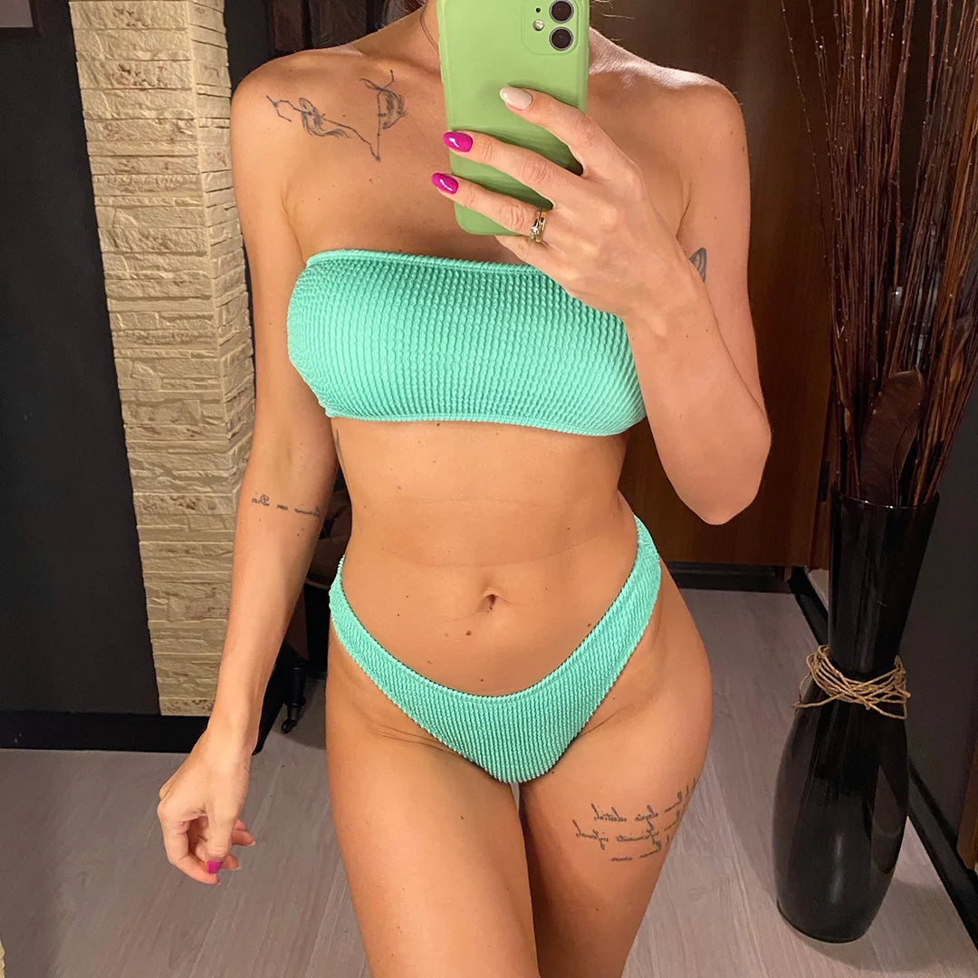 Bandeau Wrinkled Crinkled Bikini Female Swimsuit Women Swimwear Two-pieces Bikini set High Cut Bather Bathing Suit Swim V3314