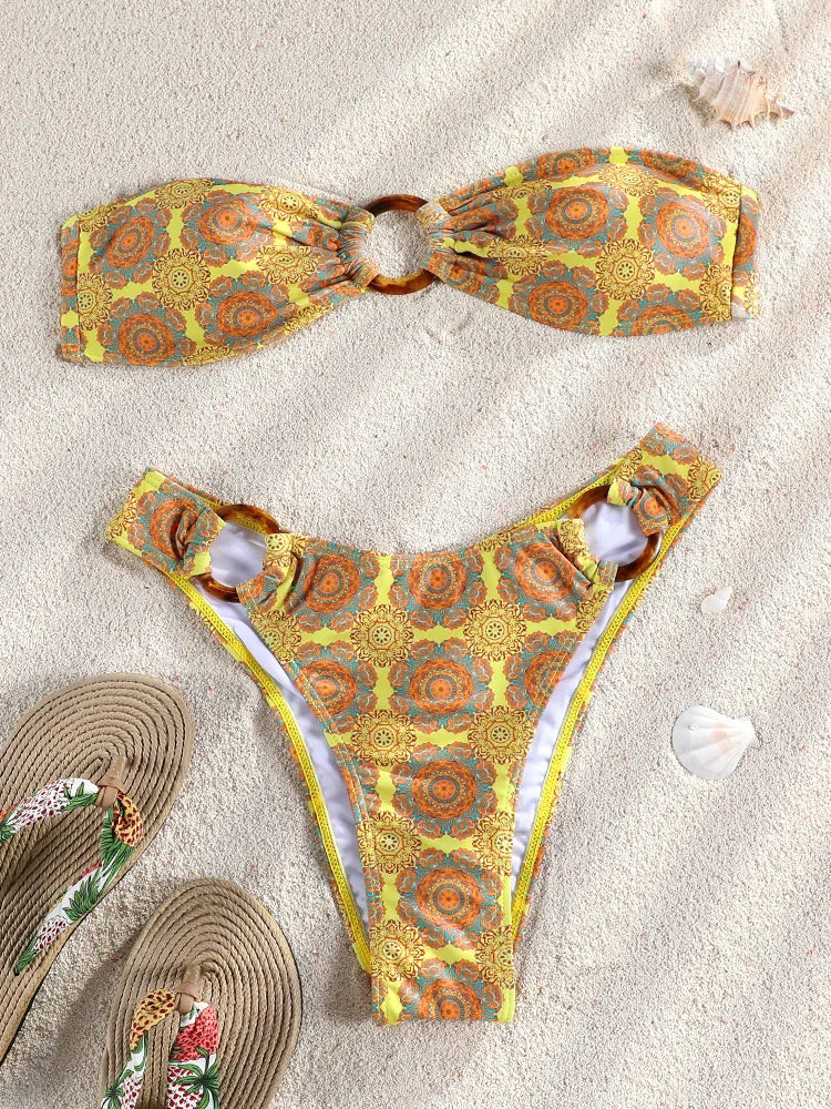 ZRTAK Sexy Bandeau Bikinis for Women Striped Swimwear Beachwear Bathing Suit Biquinis High Cut Bikini Sets Push Up Swimsuit