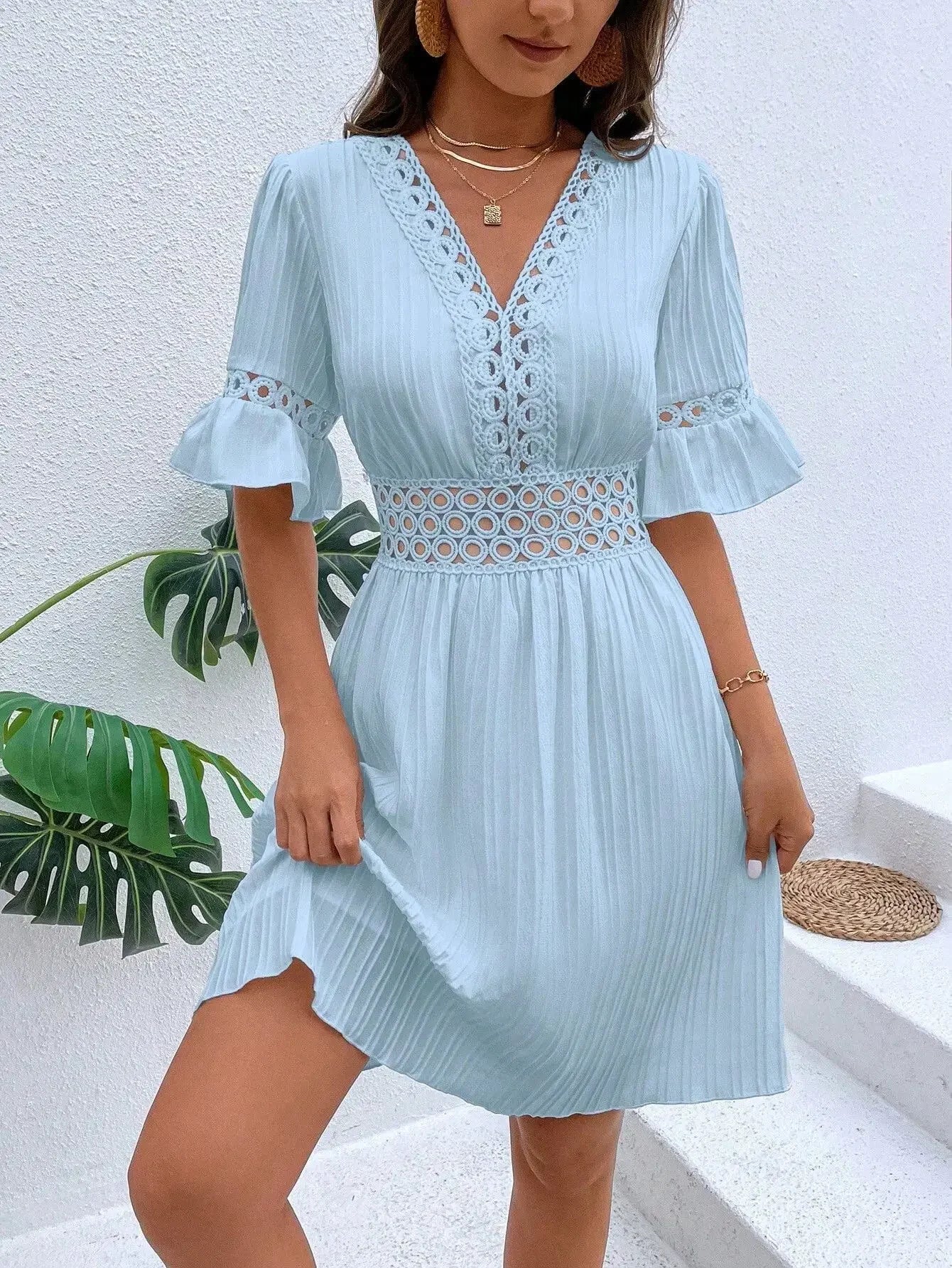 Women's Solid Dress 2025 New Summer Temperament Fashion Hollow Out V-neck Flared Sleeves Casual Women's Dress White Beach Dress