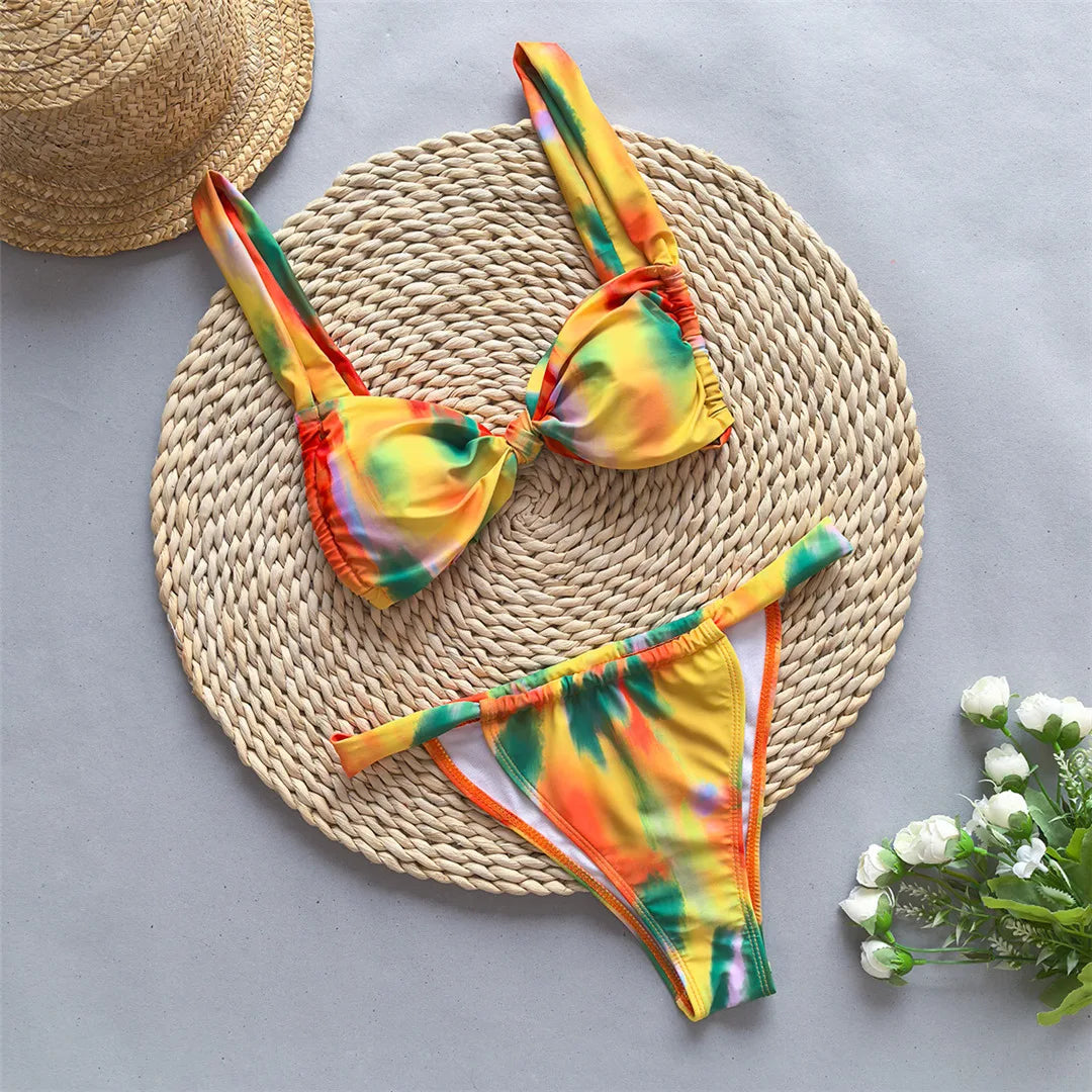 Tie Dye Flowers Printed High Leg Cut Bikini Female Swimsuit Women Swimwear Two-pieces Bikini set Bather Bathing Suit Swim V5842