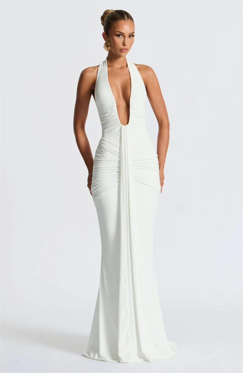 Mozision Deep V Neck Draped Ruched Sexy Maxi Dress Women Summer Fashion Halter Sleeveless Backless Club Party Long Dress Elegant