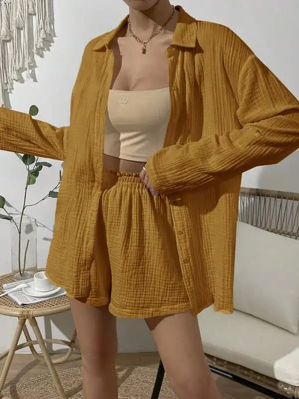 100% Cotton Gauze Muslin Sets For Women 2 Pieces Long Sleeve Shirts And Loose High Waist Mini Shorts Sets Ensemble Femme