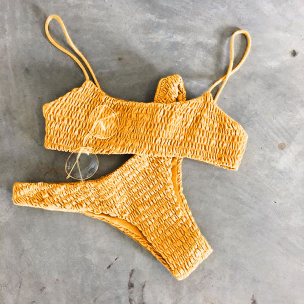 Yellow Ruffles Crochet Sexy Bikini Set Women Push-up Padded Bra Biquini Swimsuit Triangle Swimwear Bathing Suit Mujer