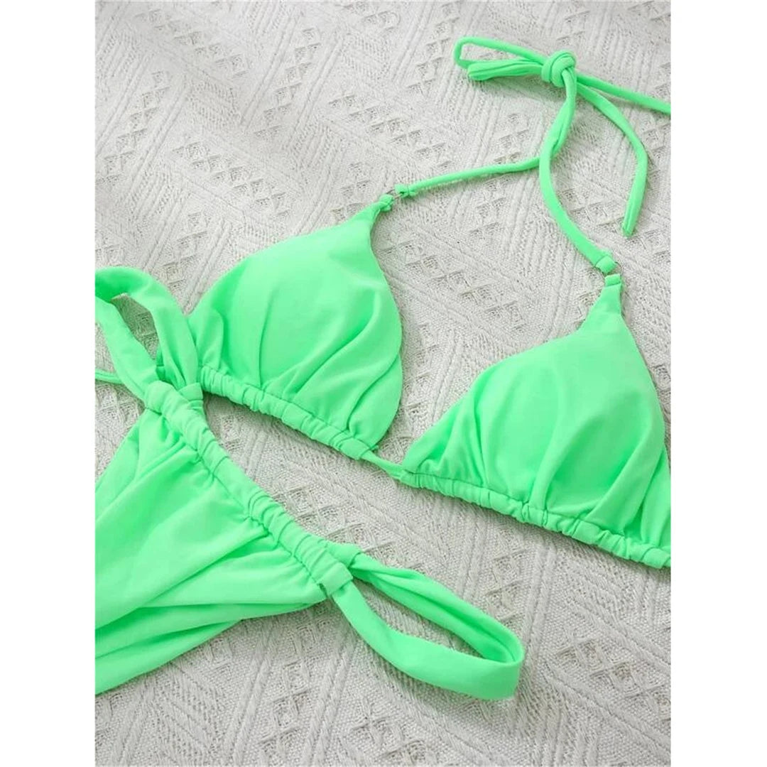 14 Colors Halter High Leg Cut Bikini Women Swimwear Female Swimsuit Two-pieces Bikini set Bather Bathing Suit Swim Lady V4010