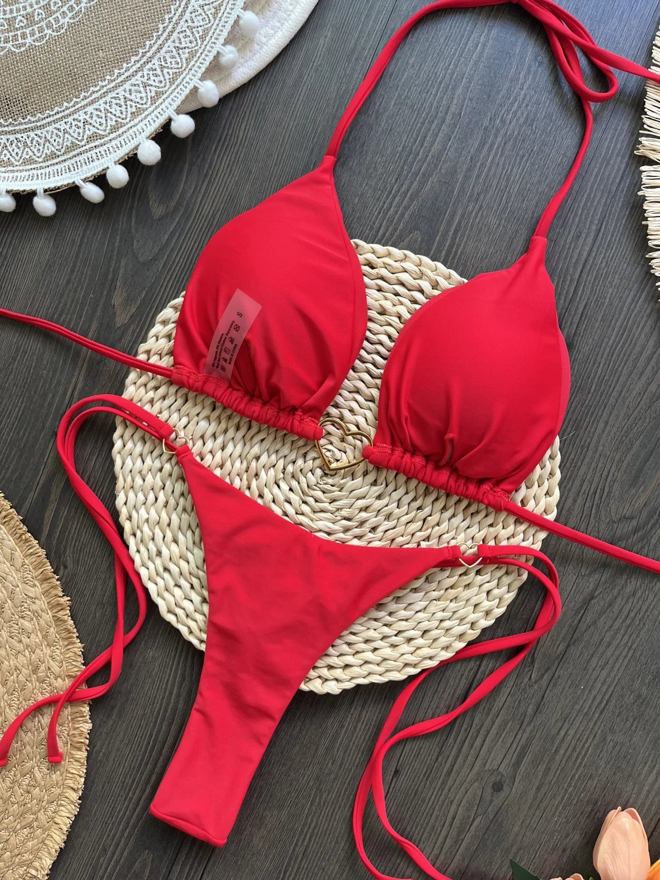 2026 New Red Solid Color Bikini Set for Women Triangle Cup Halter Backless Swimsuit Suit Beach Vacation Thong Sexy Swimwear