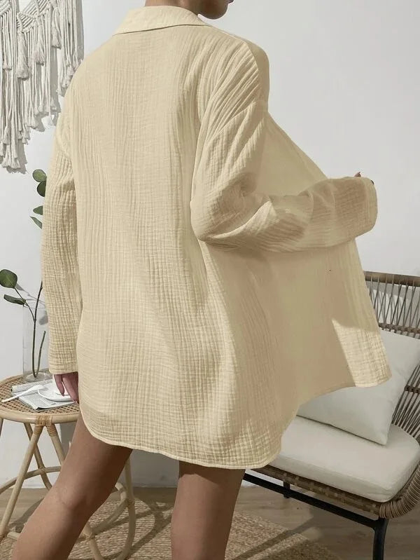 100% Cotton Gauze Muslin Sets For Women 2 Pieces Long Sleeve Shirts And Loose High Waist Mini Shorts Sets Ensemble Femme