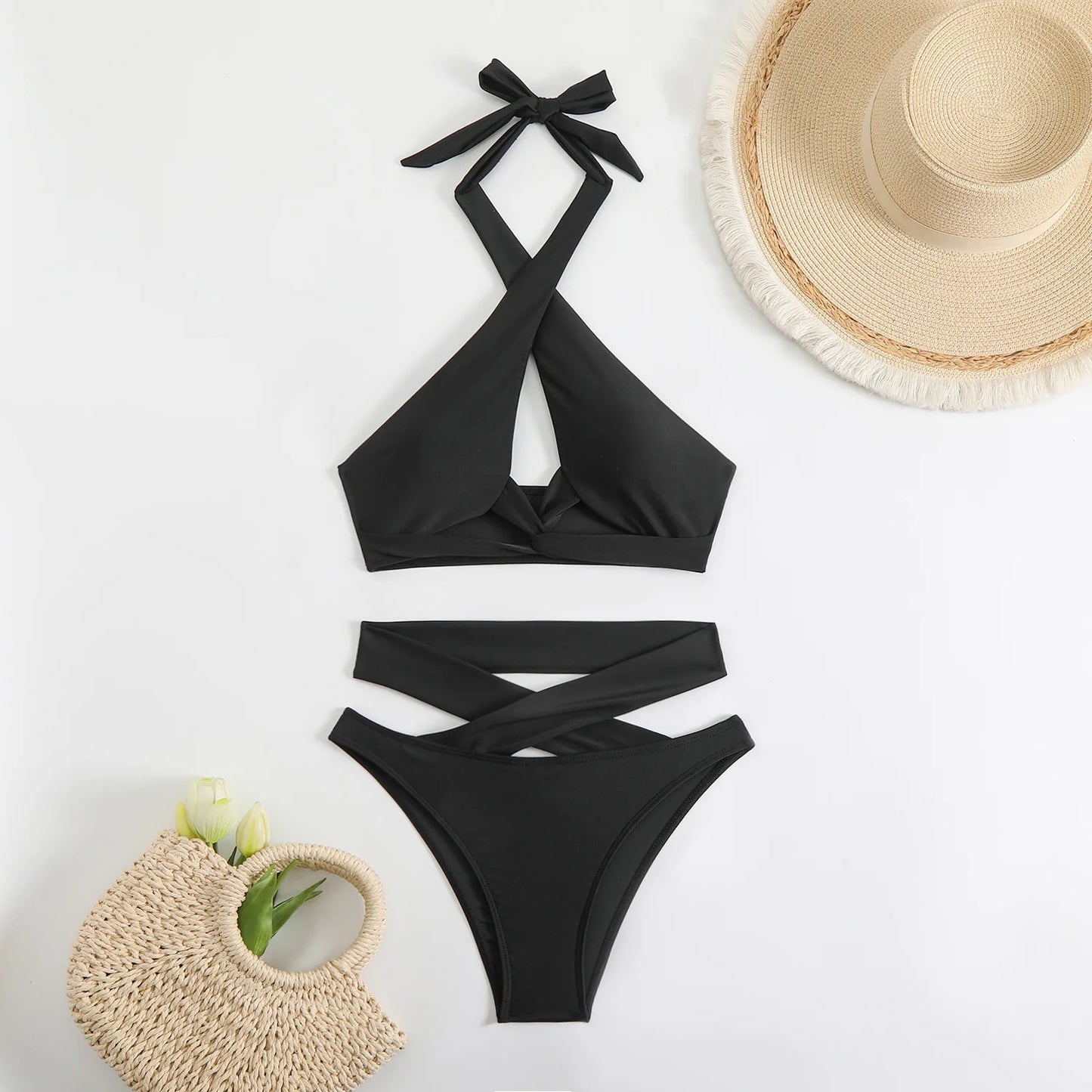 Sexy Red Black Bikinis Sets 2025 Women Criss Cross Bandage Swimwear Biquini Summer Push Up Beach Hollow Out High Waist Swimsuit