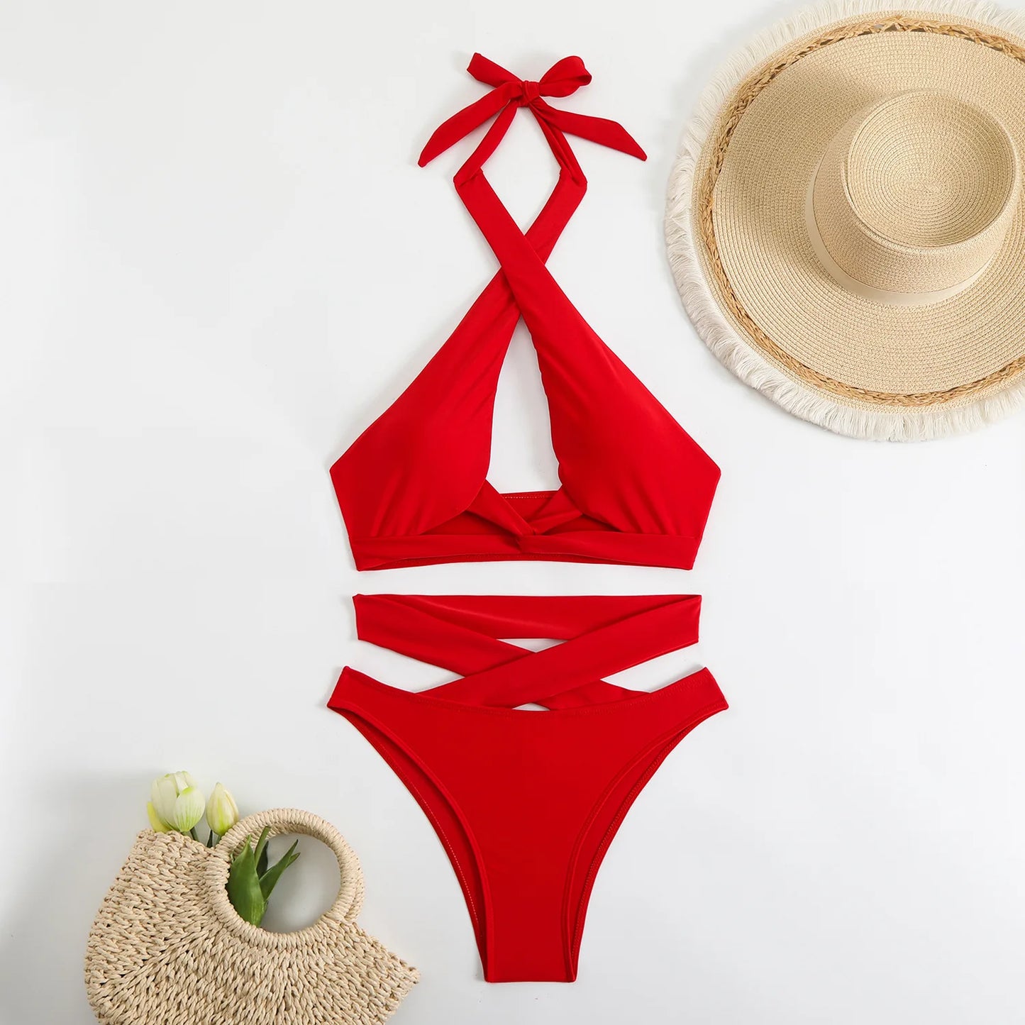 Sexy Red Black Bikinis Sets 2025 Women Criss Cross Bandage Swimwear Biquini Summer Push Up Beach Hollow Out High Waist Swimsuit