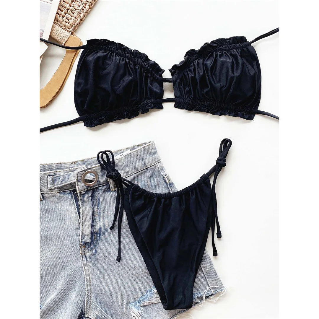 Sexy Ruffled Frilled Pleated Ruched Bikini Women Swimwear Female Swimsuit Two-pieces Bikini set Bather Bathing Suit Swim V3239SW