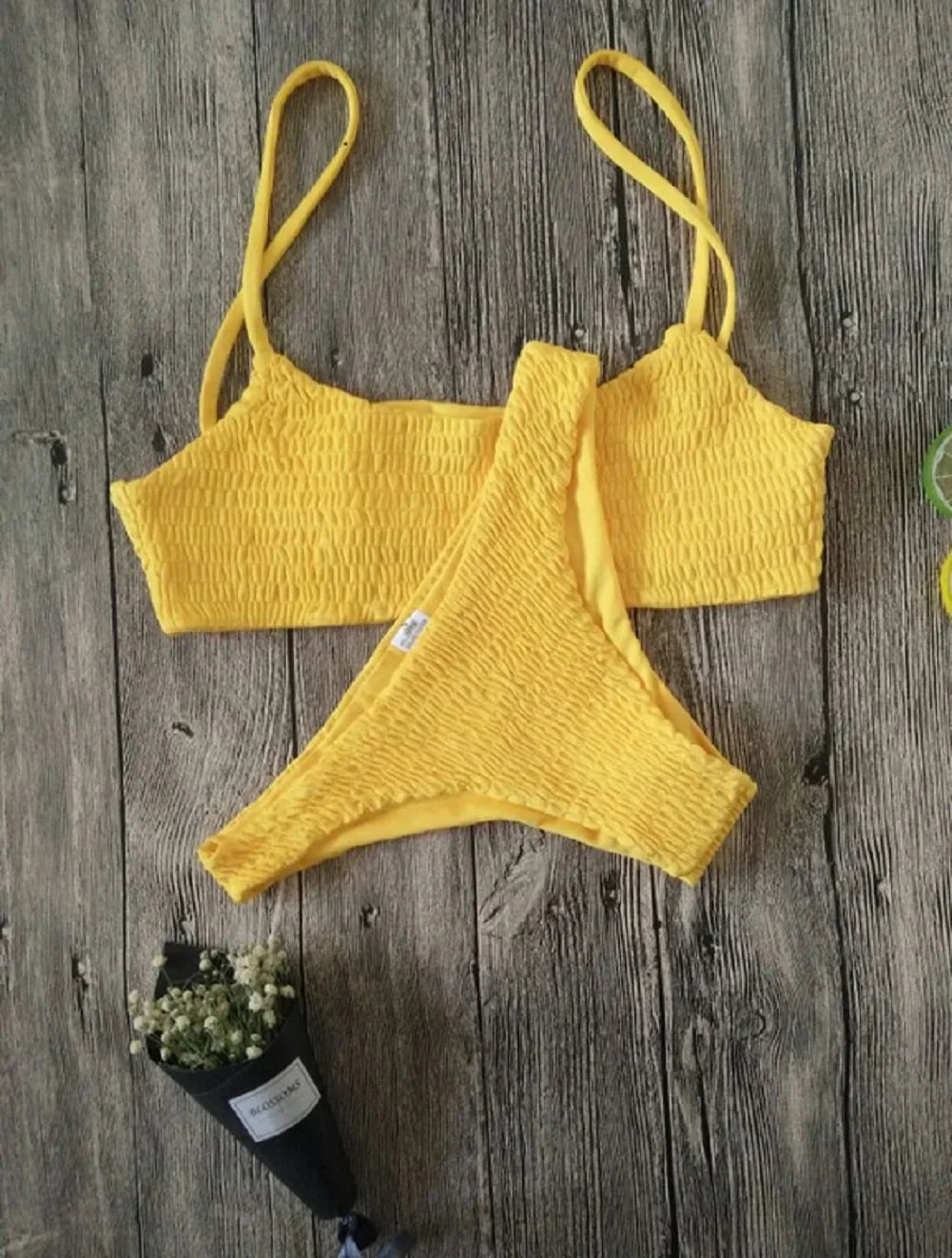 Yellow Ruffles Crochet Sexy Bikini Set Women Push-up Padded Bra Biquini Swimsuit Triangle Swimwear Bathing Suit Mujer