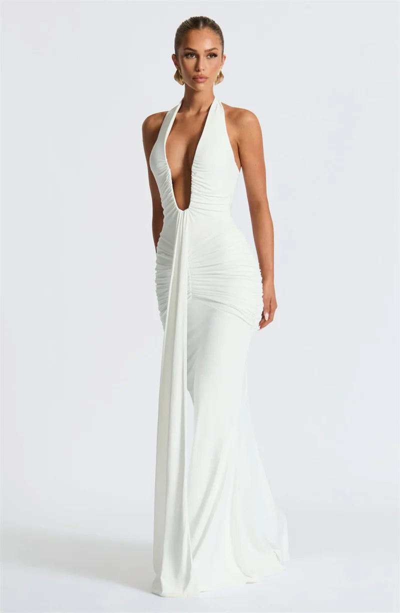 Mozision Deep V Neck Draped Ruched Sexy Maxi Dress Women Summer Fashion Halter Sleeveless Backless Club Party Long Dress Elegant