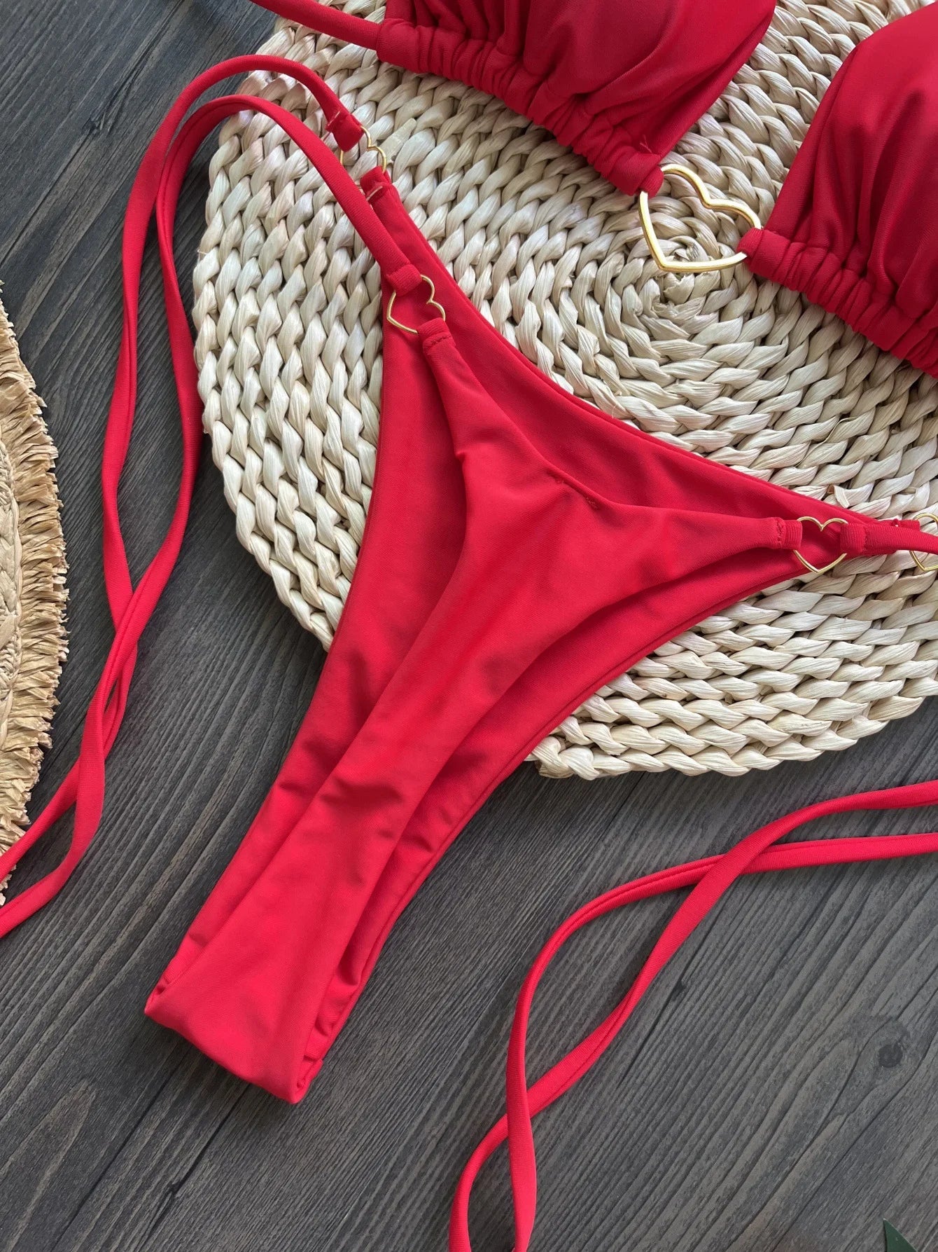 2026 New Red Solid Color Bikini Set for Women Triangle Cup Halter Backless Swimsuit Suit Beach Vacation Thong Sexy Swimwear