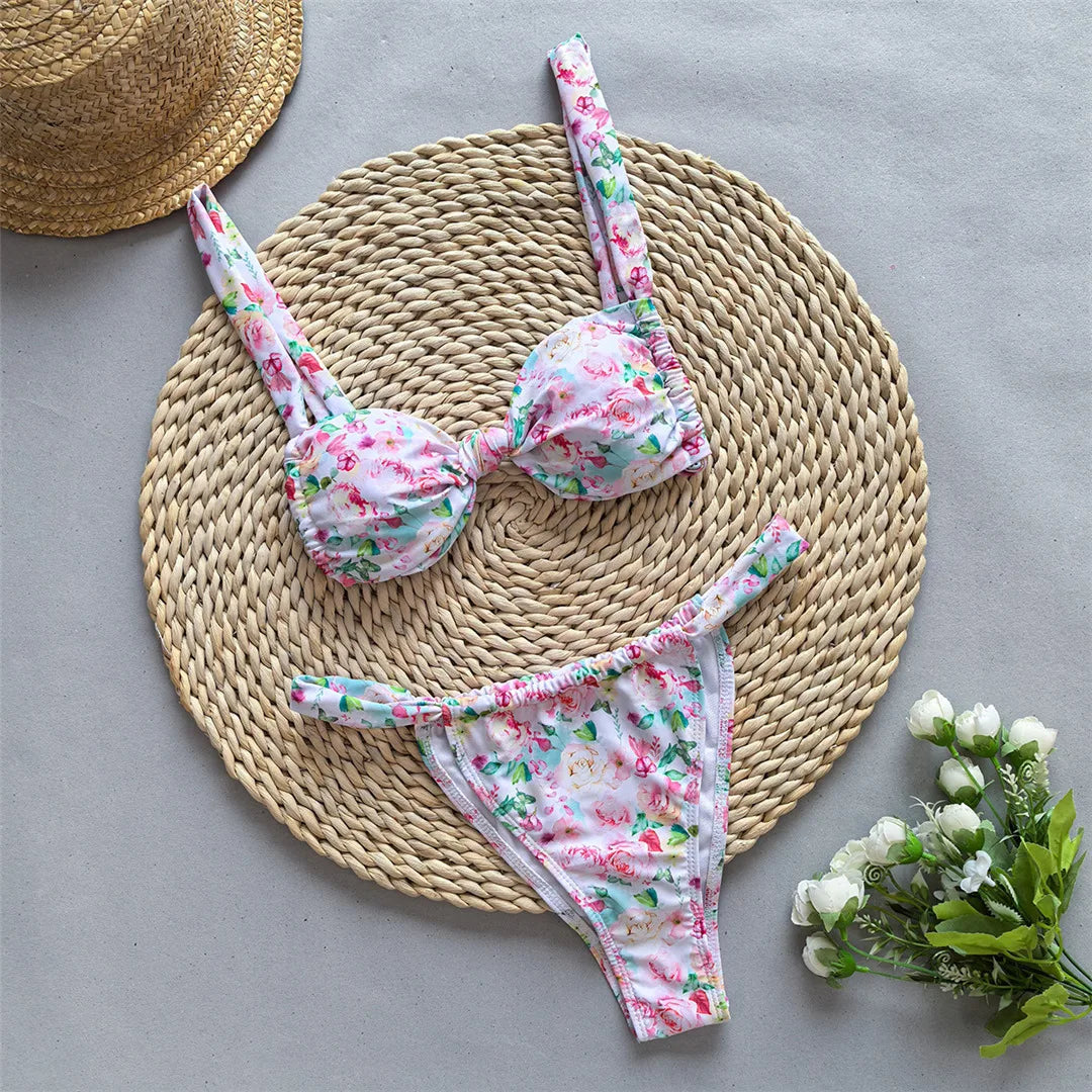 Tie Dye Flowers Printed High Leg Cut Bikini Female Swimsuit Women Swimwear Two-pieces Bikini set Bather Bathing Suit Swim V5842