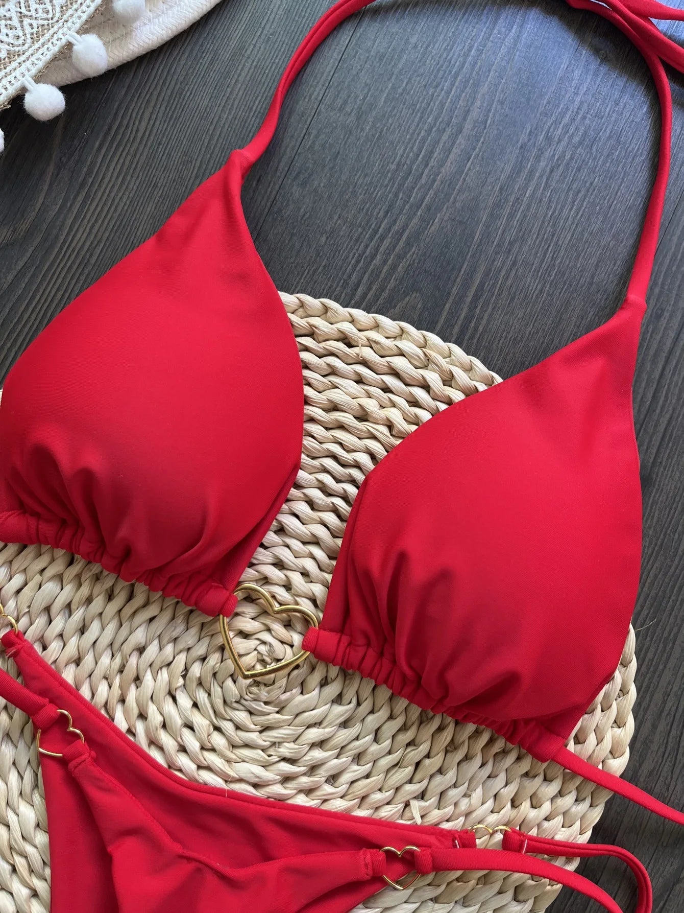 2026 New Red Solid Color Bikini Set for Women Triangle Cup Halter Backless Swimsuit Suit Beach Vacation Thong Sexy Swimwear