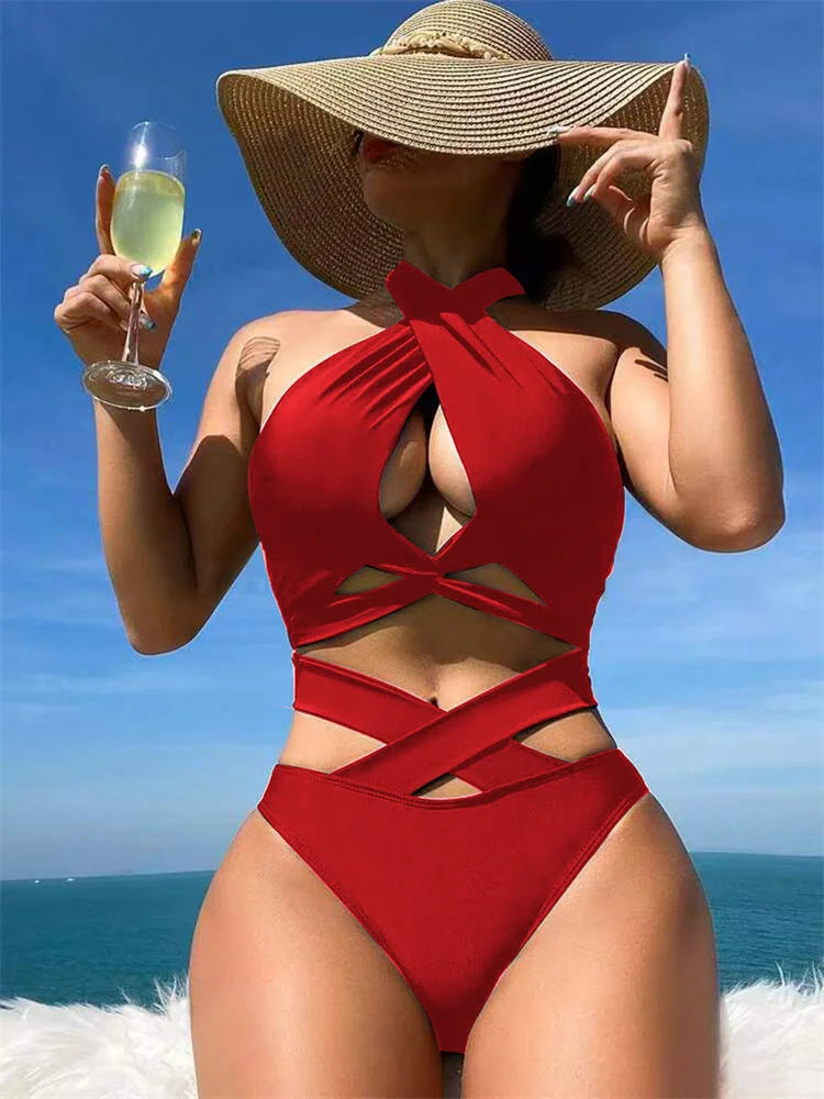 Sexy Red Black Bikinis Sets 2025 Women Criss Cross Bandage Swimwear Biquini Summer Push Up Beach Hollow Out High Waist Swimsuit