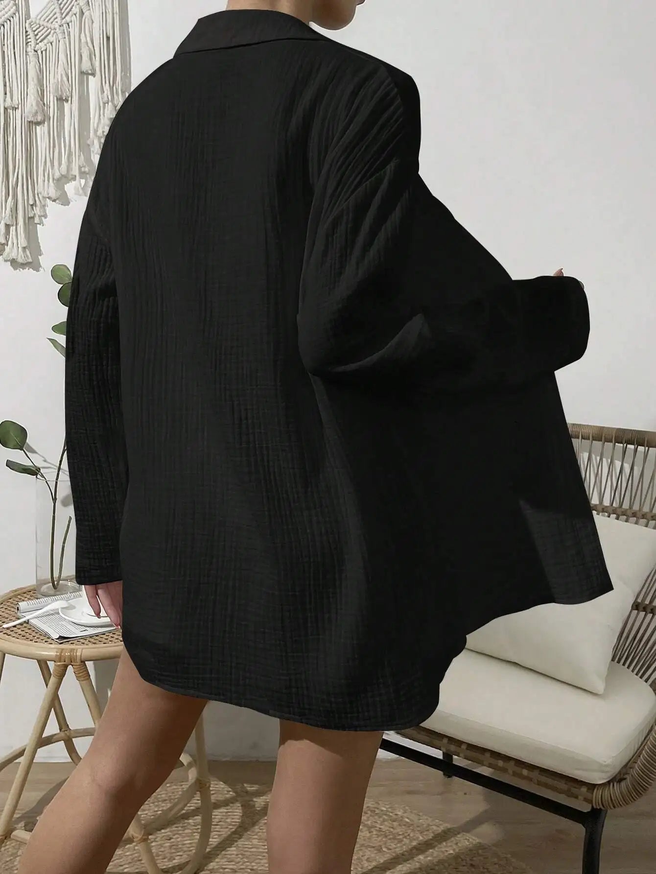 100% Cotton Gauze Muslin Sets For Women 2 Pieces Long Sleeve Shirts And Loose High Waist Mini Shorts Sets Ensemble Femme