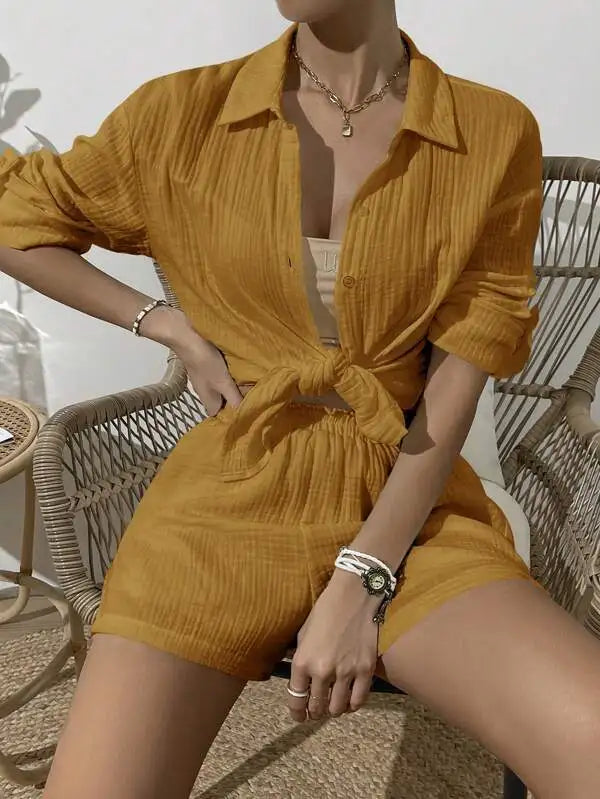100% Cotton Gauze Muslin Sets For Women 2 Pieces Long Sleeve Shirts And Loose High Waist Mini Shorts Sets Ensemble Femme