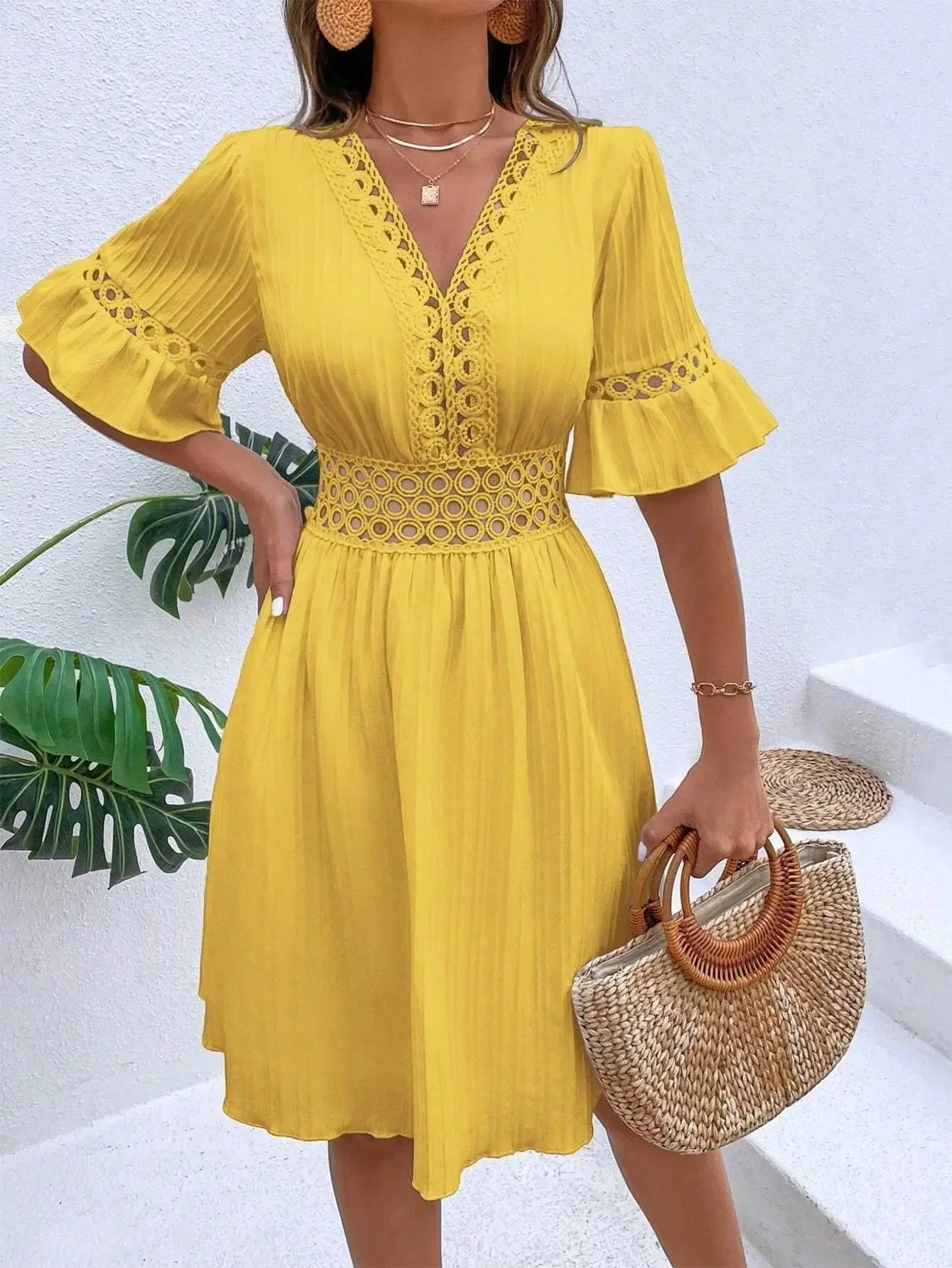 Women's Solid Dress 2025 New Summer Temperament Fashion Hollow Out V-neck Flared Sleeves Casual Women's Dress White Beach Dress