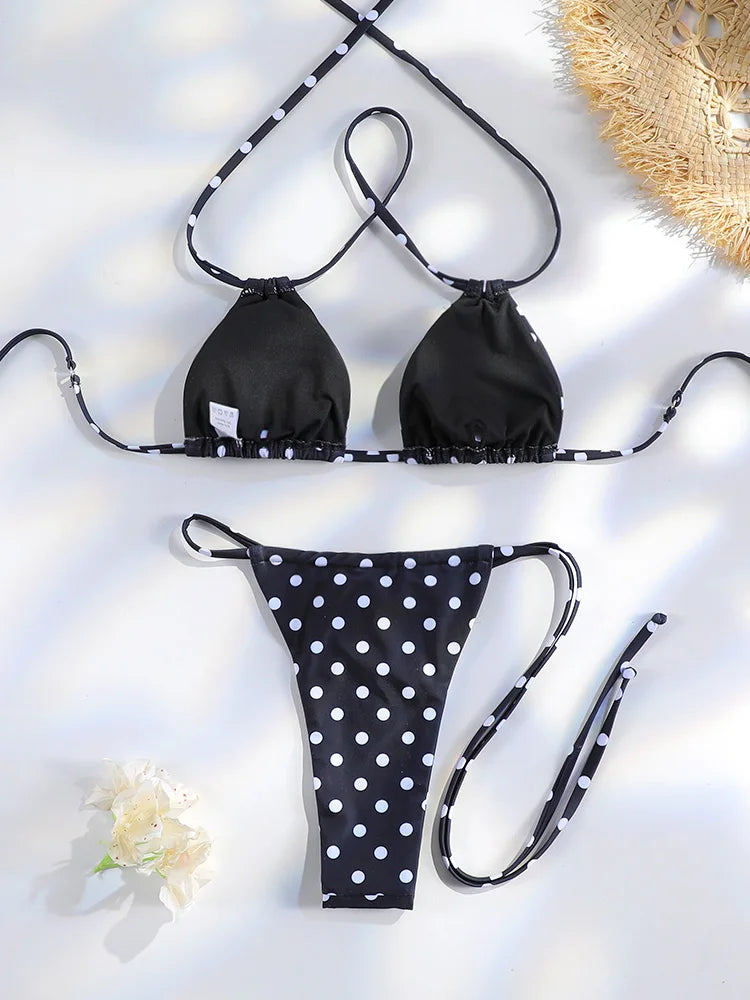 Halter Dot Bikinis New Thongs Swimsuit Women's Swimwear 2025 Dot Bathing Suit High Cut Biquini Mujer Micro Thongs Beach Wear