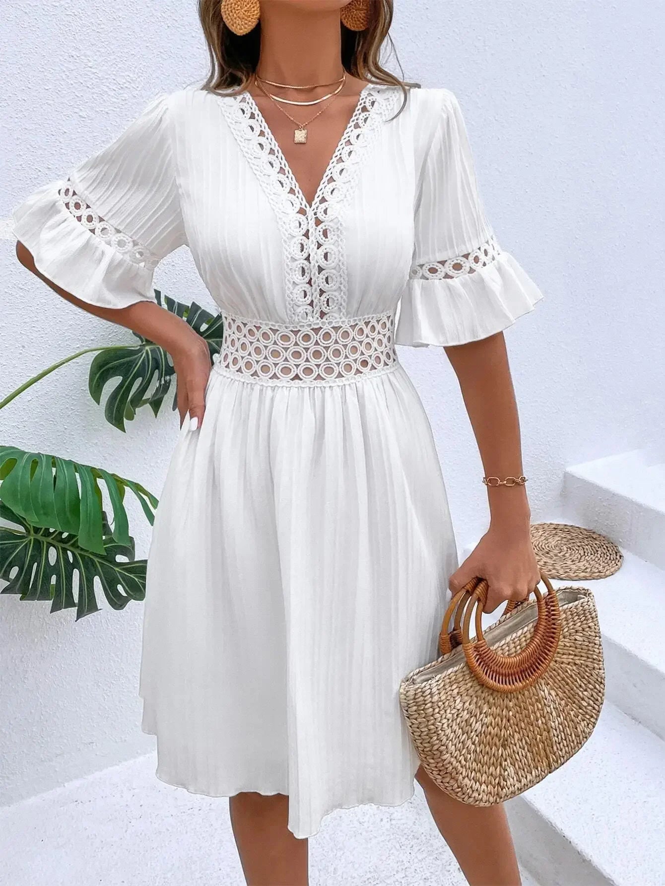 Women's Solid Dress 2025 New Summer Temperament Fashion Hollow Out V-neck Flared Sleeves Casual Women's Dress White Beach Dress