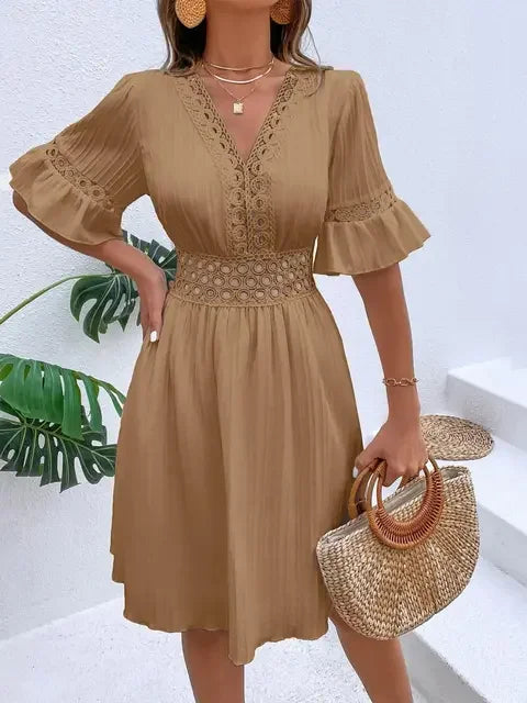 Women's Solid Dress 2025 New Summer Temperament Fashion Hollow Out V-neck Flared Sleeves Casual Women's Dress White Beach Dress
