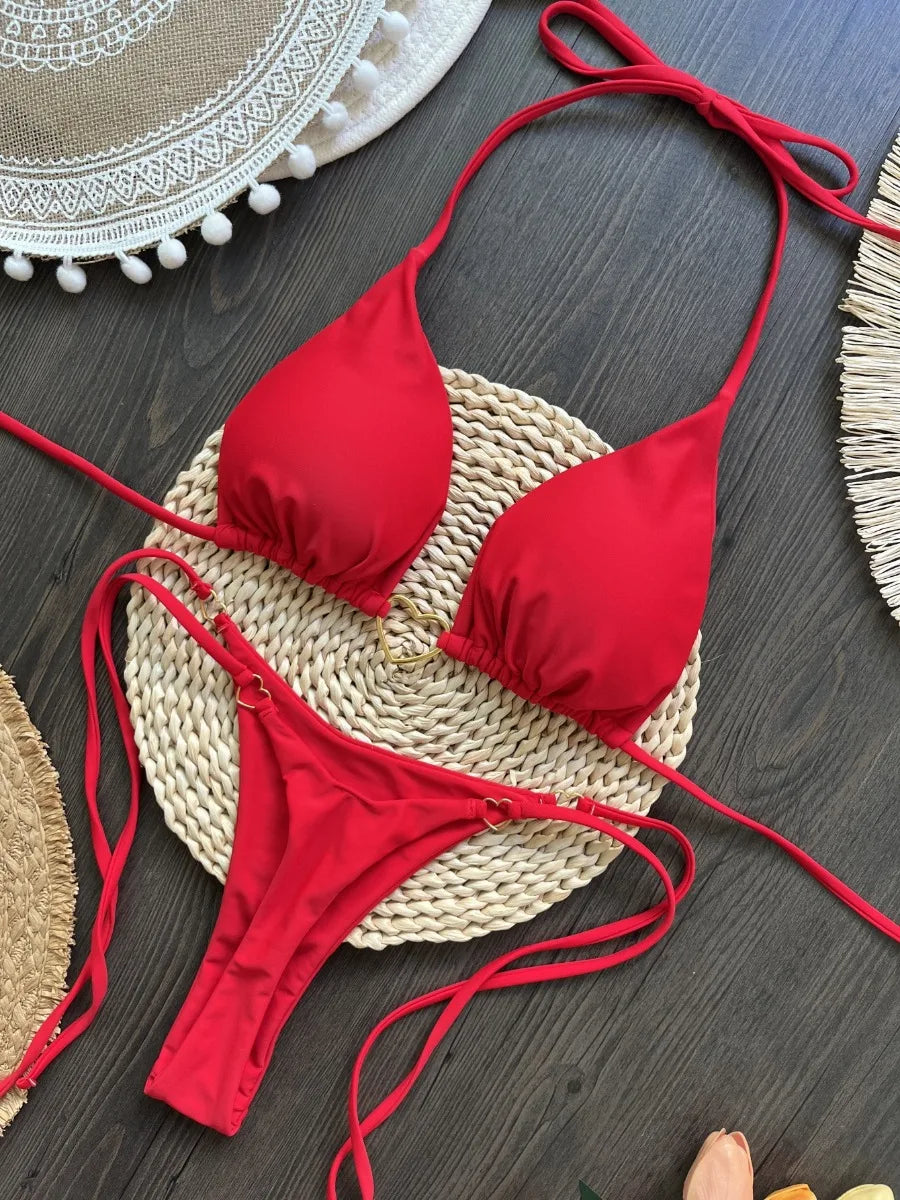 2026 New Red Solid Color Bikini Set for Women Triangle Cup Halter Backless Swimsuit Suit Beach Vacation Thong Sexy Swimwear