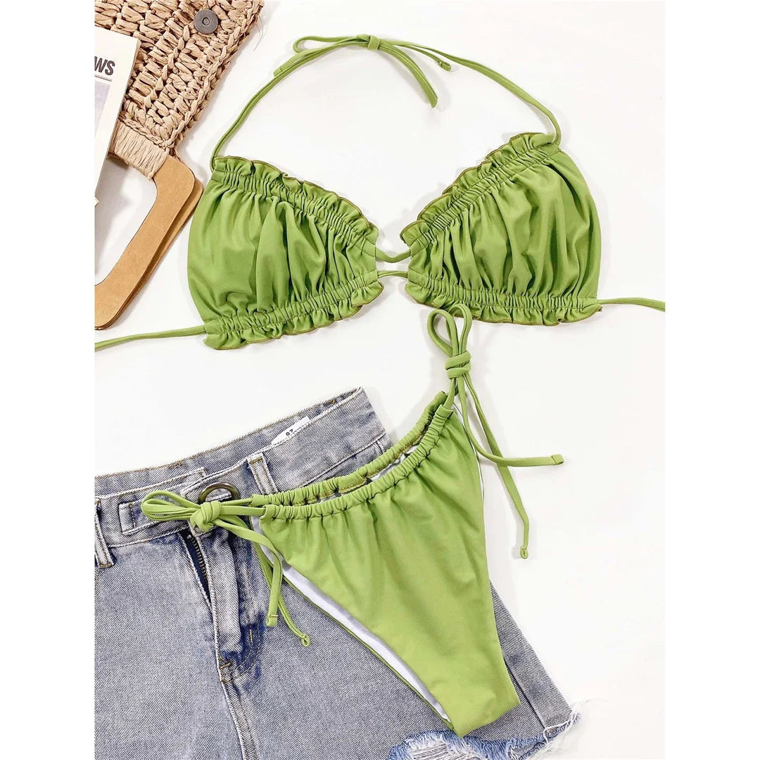 Sexy Ruffled Frilled Pleated Ruched Bikini Women Swimwear Female Swimsuit Two-pieces Bikini set Bather Bathing Suit Swim V3239SW