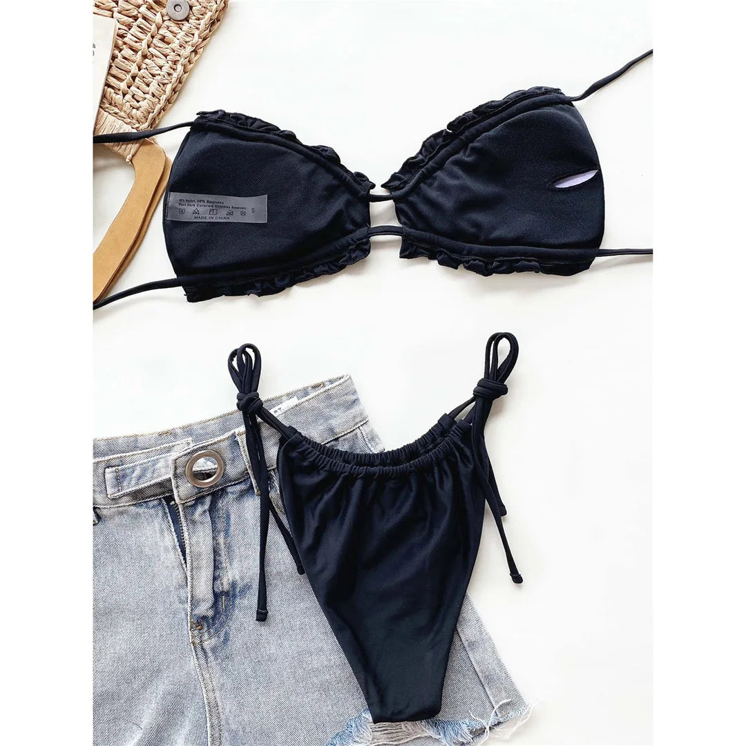 Sexy Ruffled Frilled Pleated Ruched Bikini Women Swimwear Female Swimsuit Two-pieces Bikini set Bather Bathing Suit Swim V3239SW