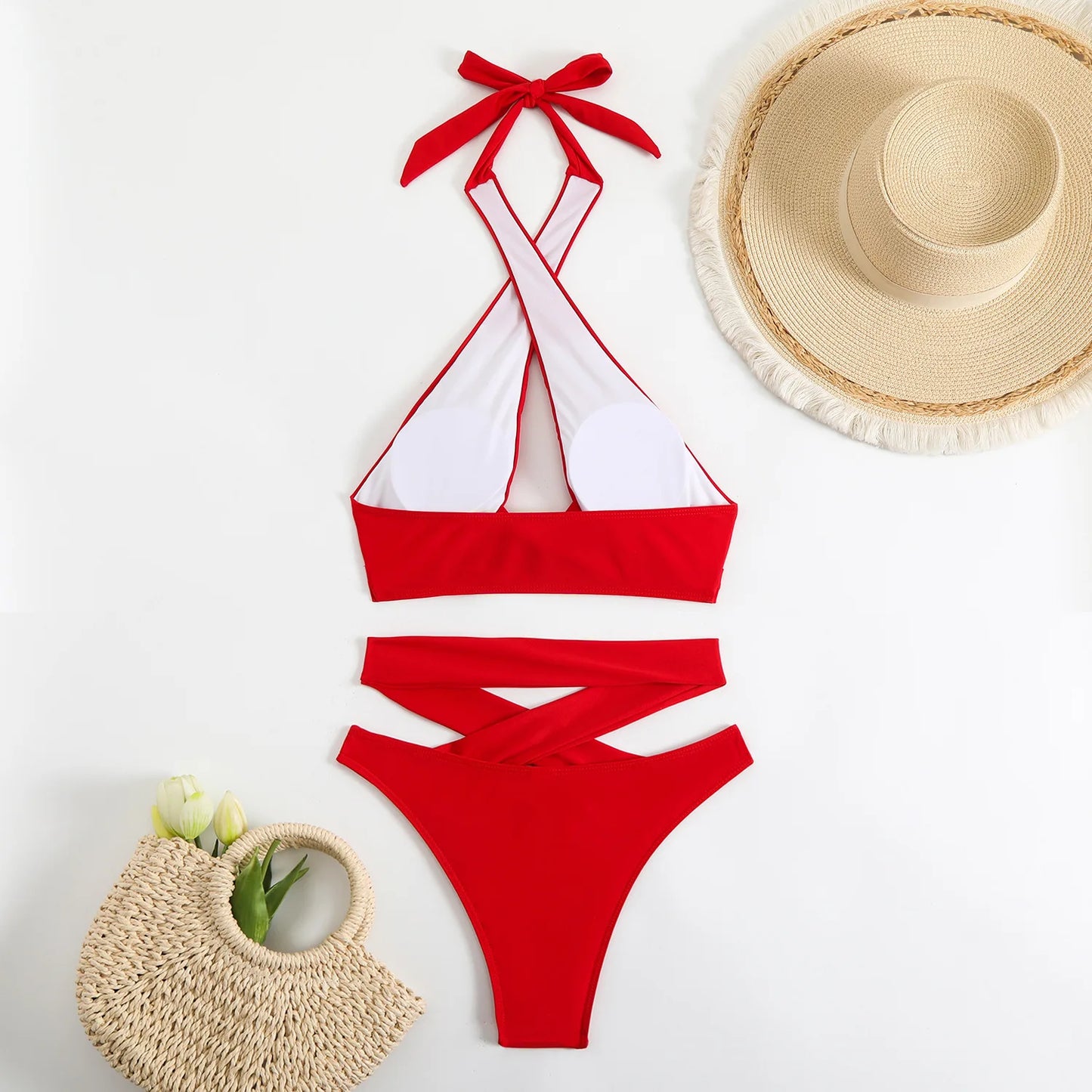 Sexy Red Black Bikinis Sets 2025 Women Criss Cross Bandage Swimwear Biquini Summer Push Up Beach Hollow Out High Waist Swimsuit