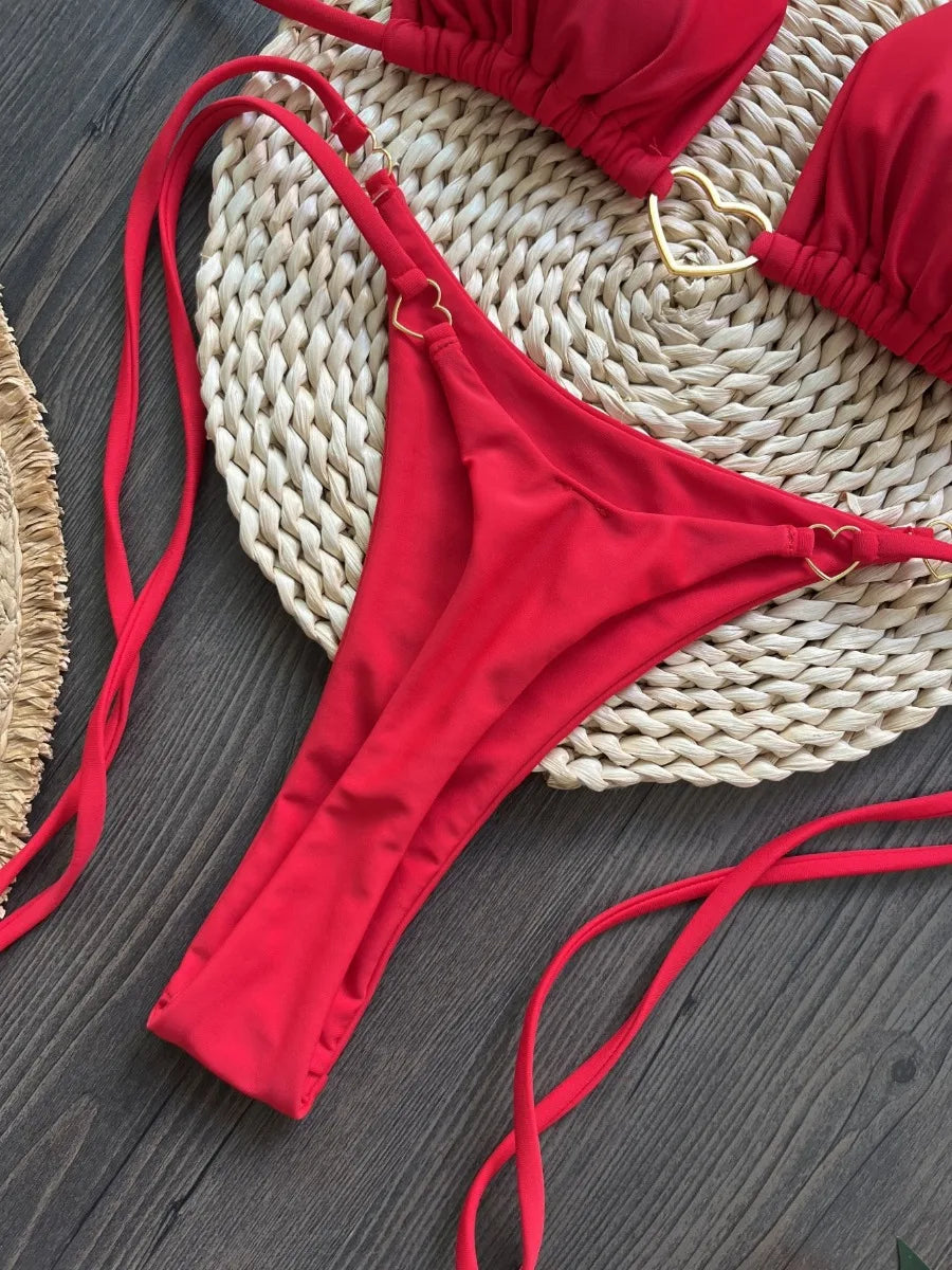 2026 New Red Solid Color Bikini Set for Women Triangle Cup Halter Backless Swimsuit Suit Beach Vacation Thong Sexy Swimwear