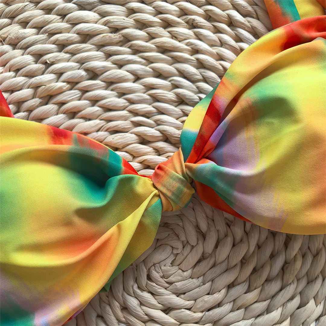 Tie Dye Flowers Printed High Leg Cut Bikini Female Swimsuit Women Swimwear Two-pieces Bikini set Bather Bathing Suit Swim V5842