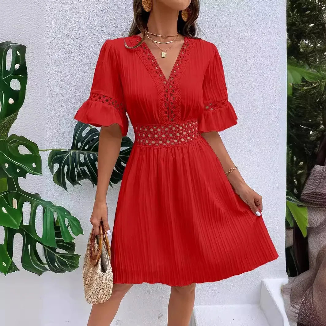 Women's Solid Dress 2025 New Summer Temperament Fashion Hollow Out V-neck Flared Sleeves Casual Women's Dress White Beach Dress