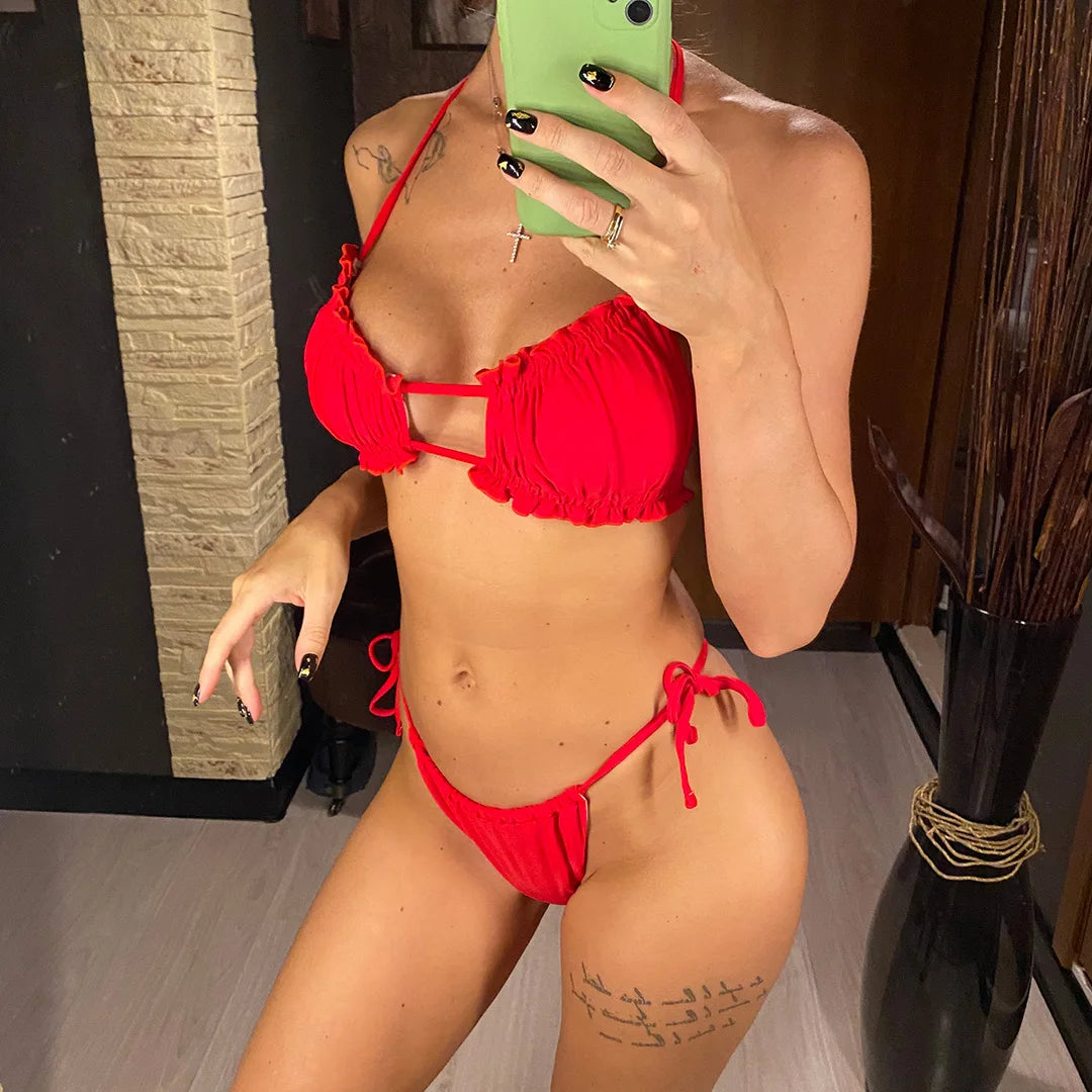 Sexy Ruffled Frilled Pleated Ruched Bikini Women Swimwear Female Swimsuit Two-pieces Bikini set Bather Bathing Suit Swim V3239SW
