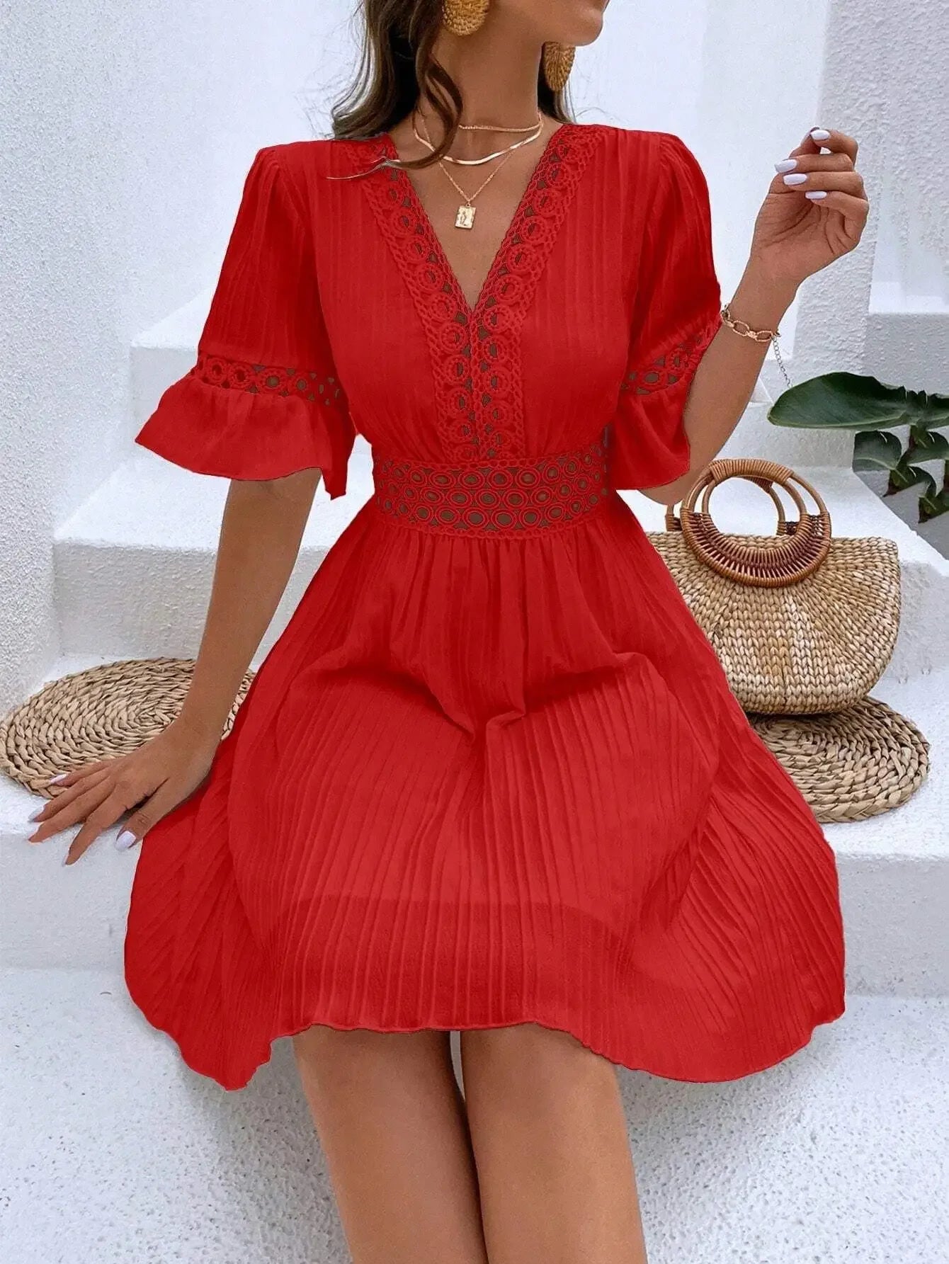 Women's Solid Dress 2025 New Summer Temperament Fashion Hollow Out V-neck Flared Sleeves Casual Women's Dress White Beach Dress