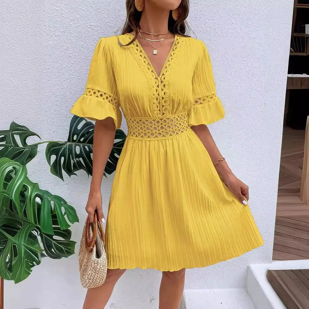 Women's Solid Dress 2025 New Summer Temperament Fashion Hollow Out V-neck Flared Sleeves Casual Women's Dress White Beach Dress