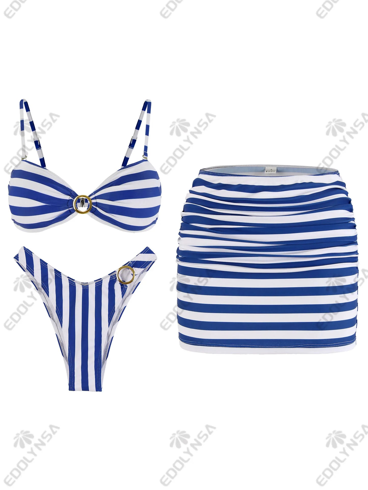 Striped 3 Piece Bikini O Ring Swimsuit with Mini Skirt Beach Cover up Block Color Bathing Suit 2025 New Monokini Beachwear K170