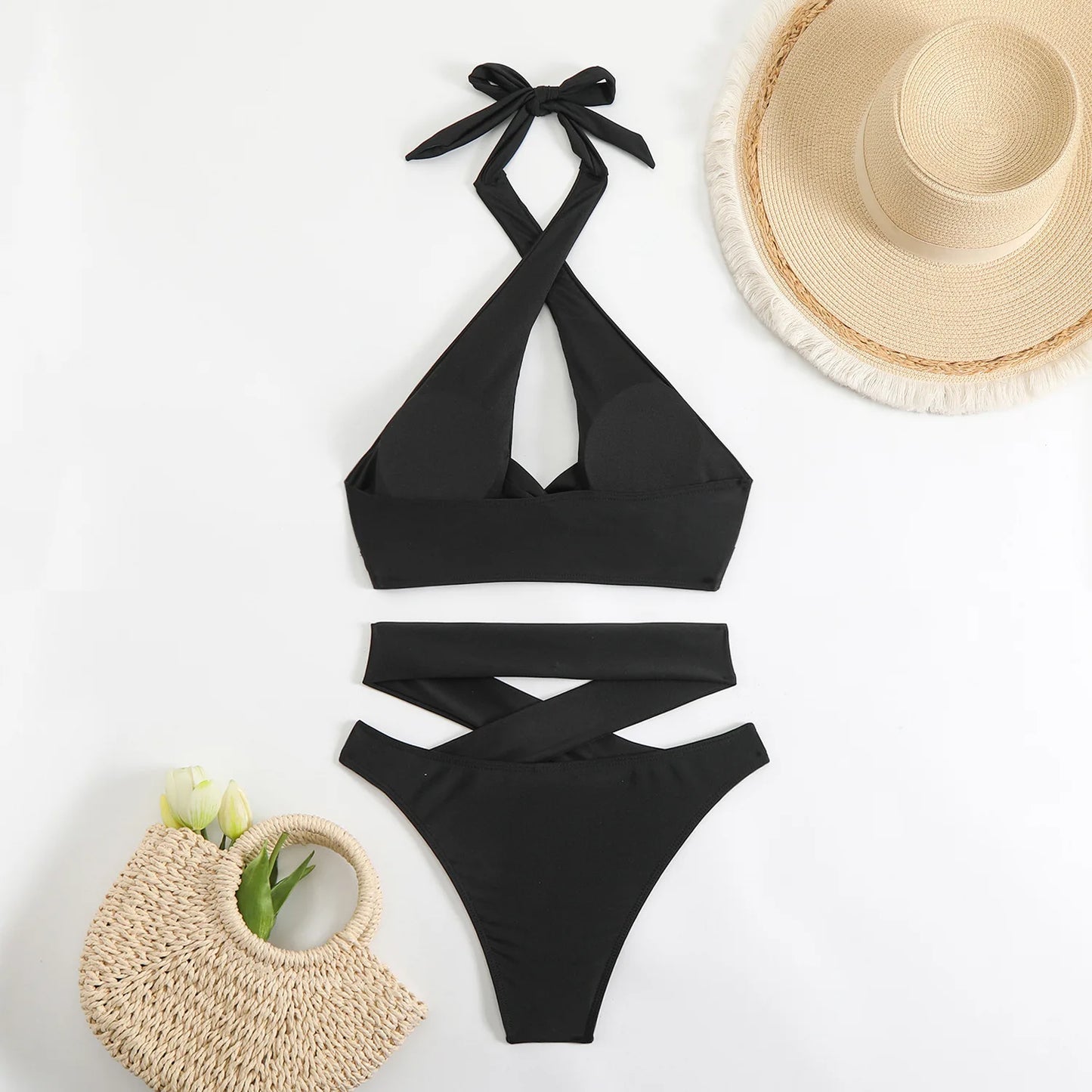 Sexy Red Black Bikinis Sets 2025 Women Criss Cross Bandage Swimwear Biquini Summer Push Up Beach Hollow Out High Waist Swimsuit