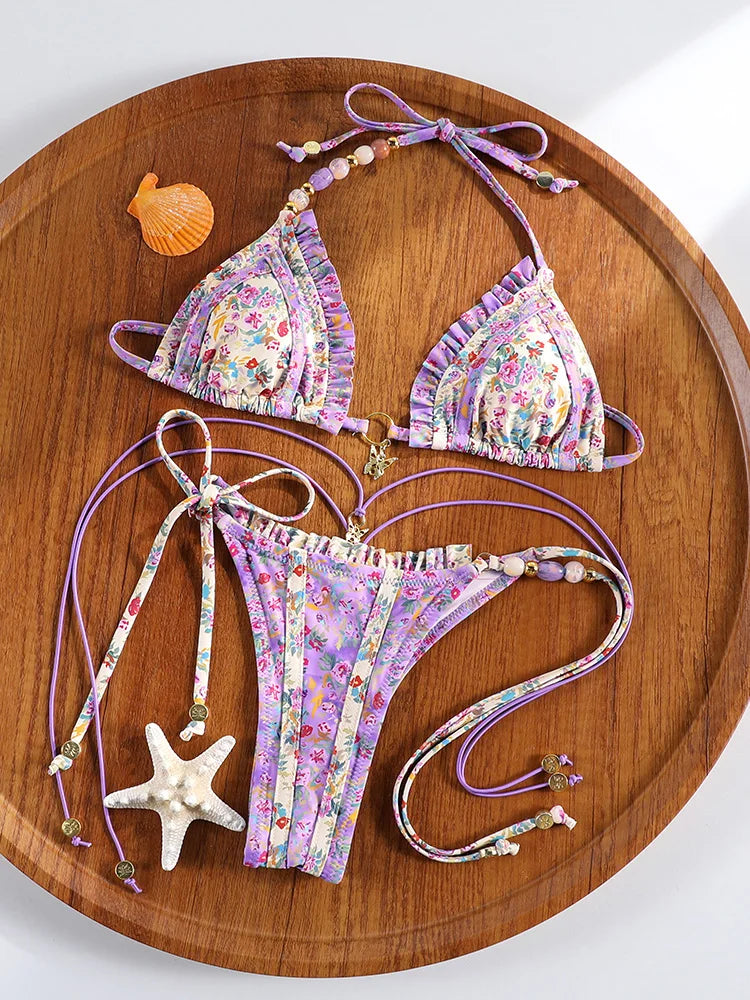 ZRTAK Sexy Bandeau Bikinis for Women Striped Swimwear Beachwear Bathing Suit Biquinis High Cut Bikini Sets Push Up Swimsuit