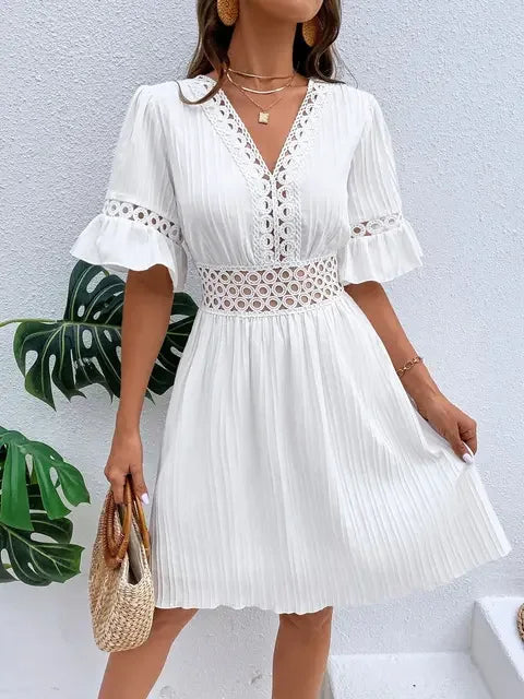 Women's Solid Dress 2025 New Summer Temperament Fashion Hollow Out V-neck Flared Sleeves Casual Women's Dress White Beach Dress