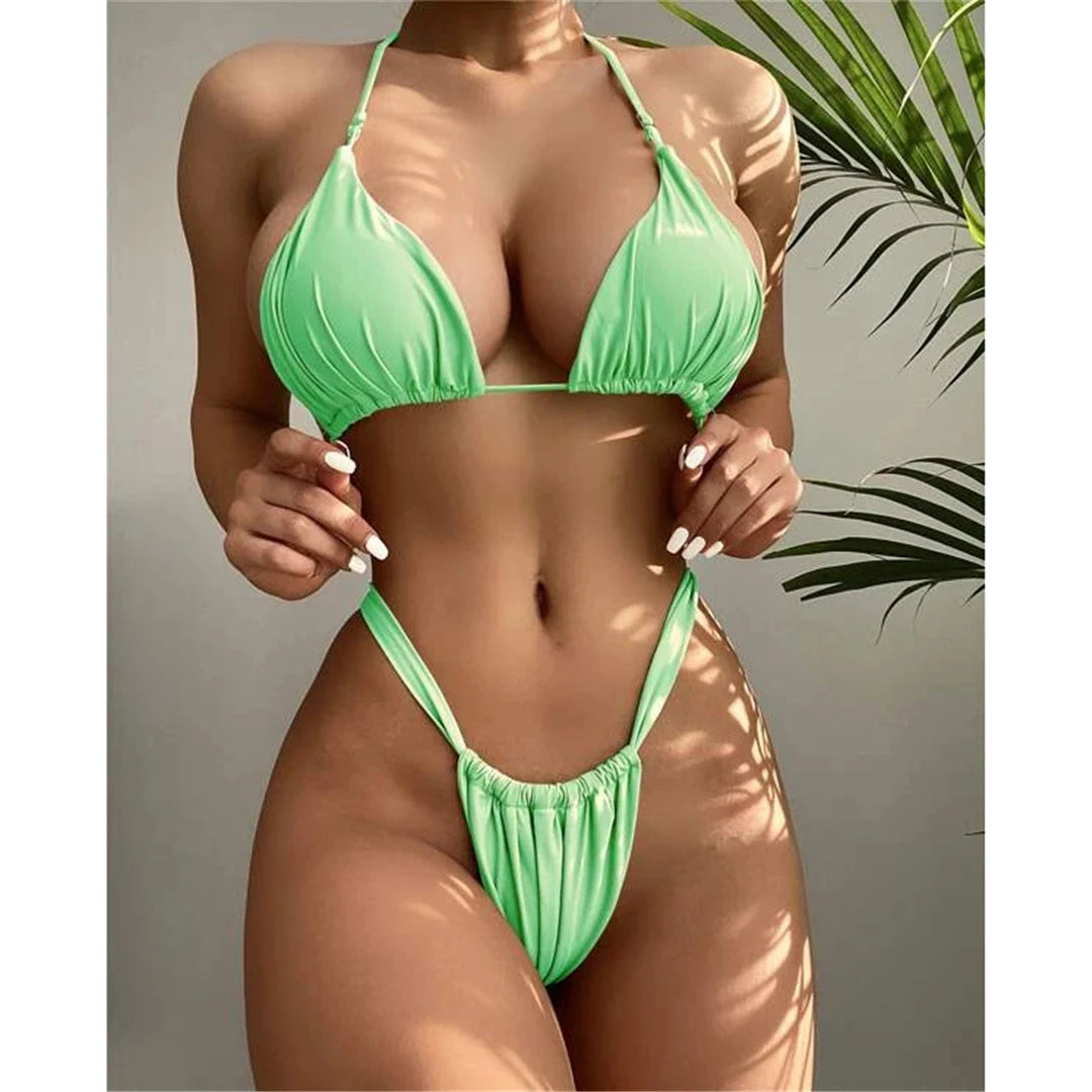 14 Colors Halter High Leg Cut Bikini Women Swimwear Female Swimsuit Two-pieces Bikini set Bather Bathing Suit Swim Lady V4010